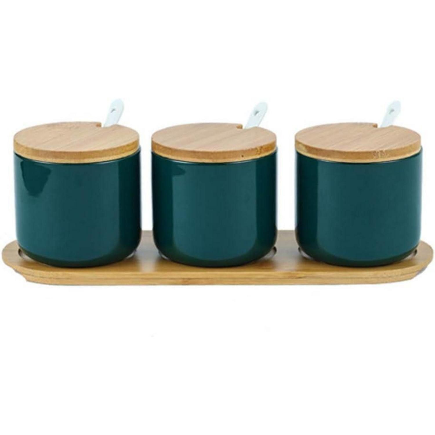 LuxusKollektion Gewürzbehälter Gewürzdosen Keramik Salztopf Zuckerdose Bambusdeckel Grün 3er Set, Keramik