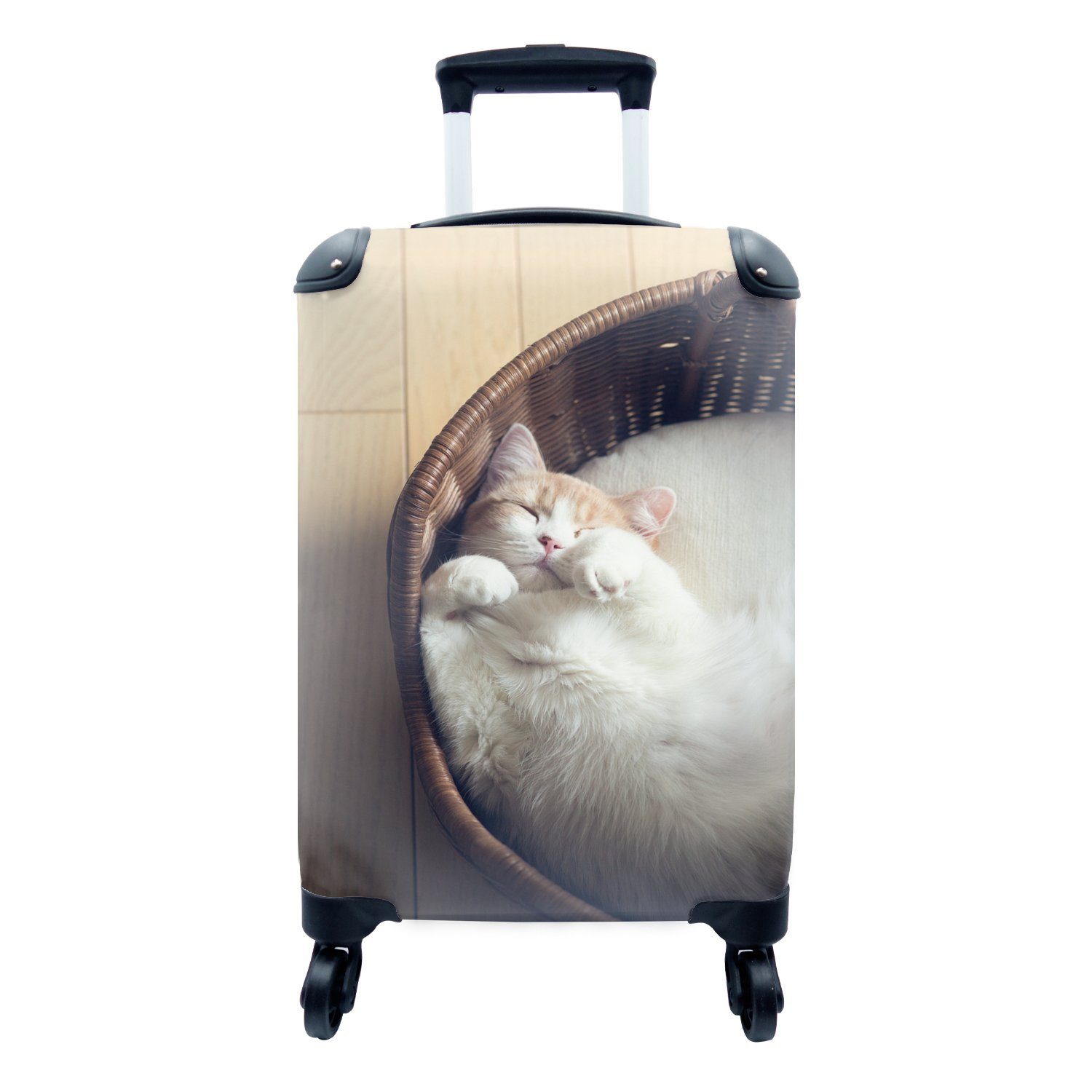 MuchoWow Handgepäckkoffer Weiße Katze schläft in einem Weidenkorb, 4 Rollen, Reisetasche mit rollen, Handgepäck für Ferien, Trolley, Reisekoffer