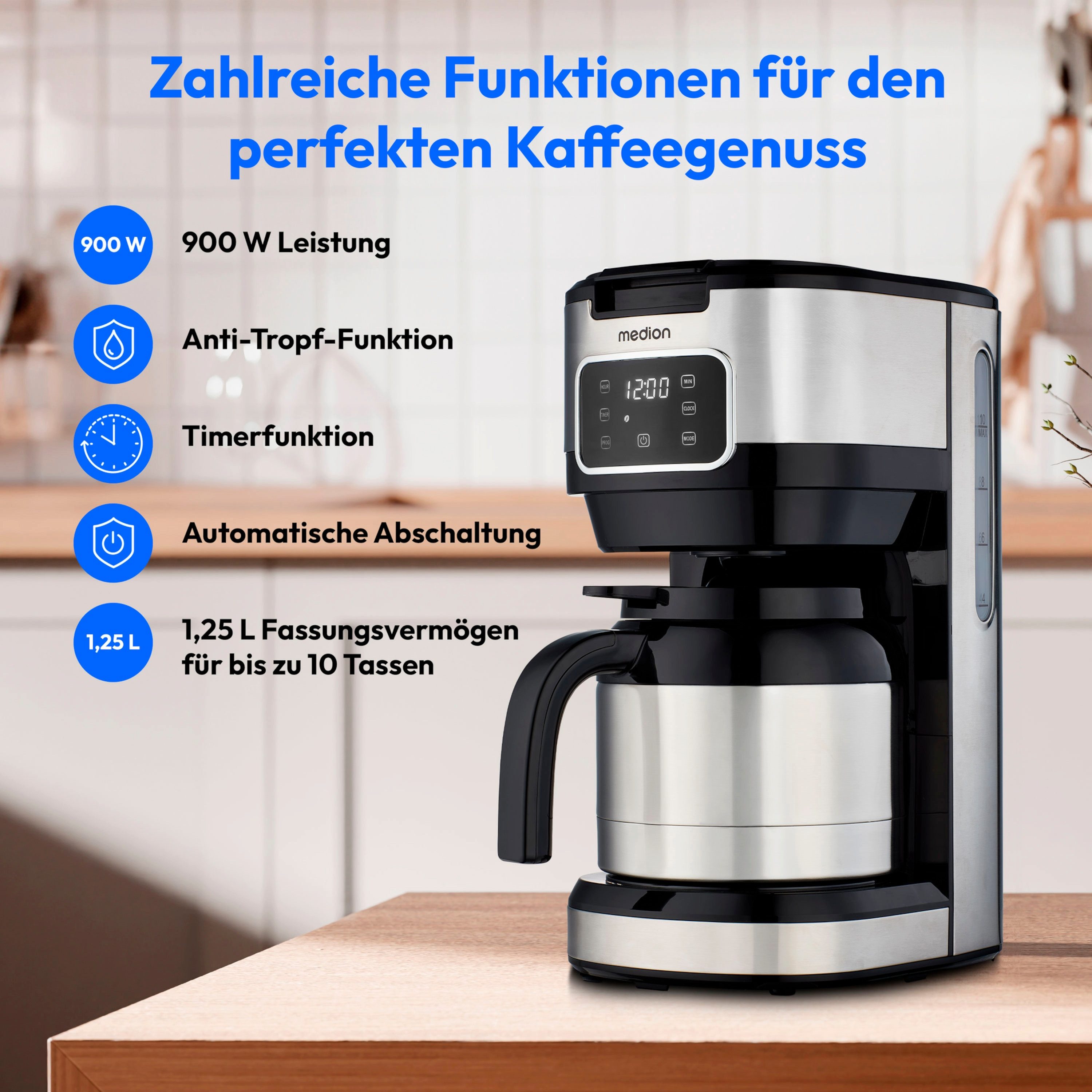 Medion® Toaster MEDION LIFE Kaffeemaschine mit Thermoskanne, 900 W – Bild 3 von 5