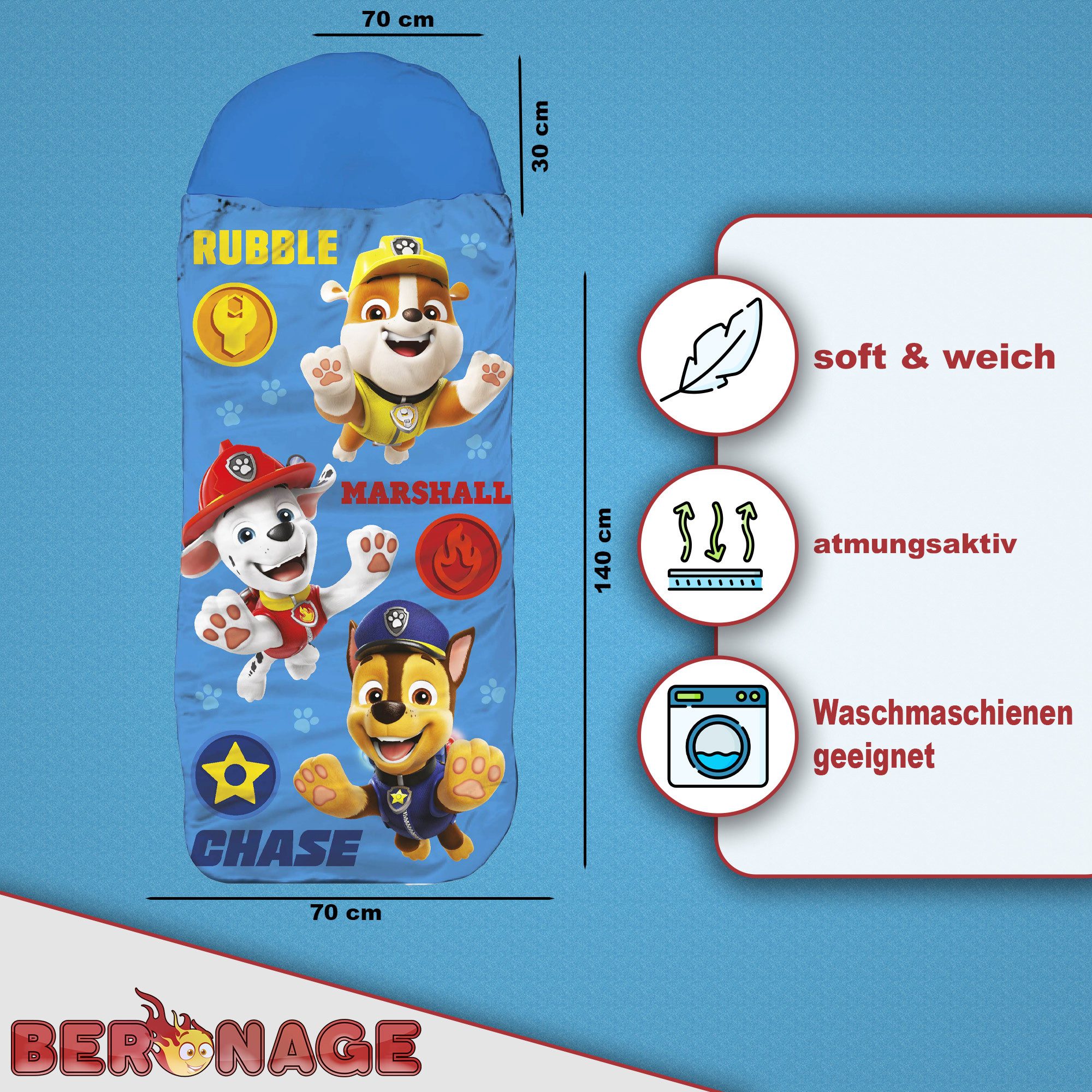 BERONAGE Kinderschlafsack Paw Patrol Kinder-Schlafsack Blau 140 cm + 30 cm günstig online kaufen