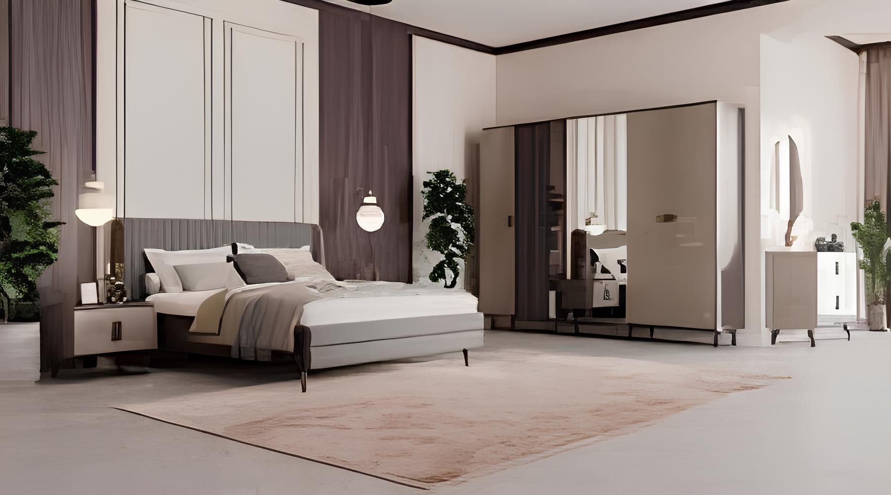 Xlmoebel Komplettschlafzimmer Elegantes Schlafzimmerarrangement mit Designerbett und Nachttischen, (7-tlg., Hocker / Bank / Bett / Nachttische / Schminktisch / Schrank / Spiegel), Hergestellt in Europa