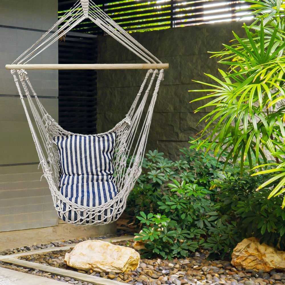 Harms Import Stuhl, Hängesitz Garten Hängesessel mit Sitzkissen Hängematte Baumwolle blau