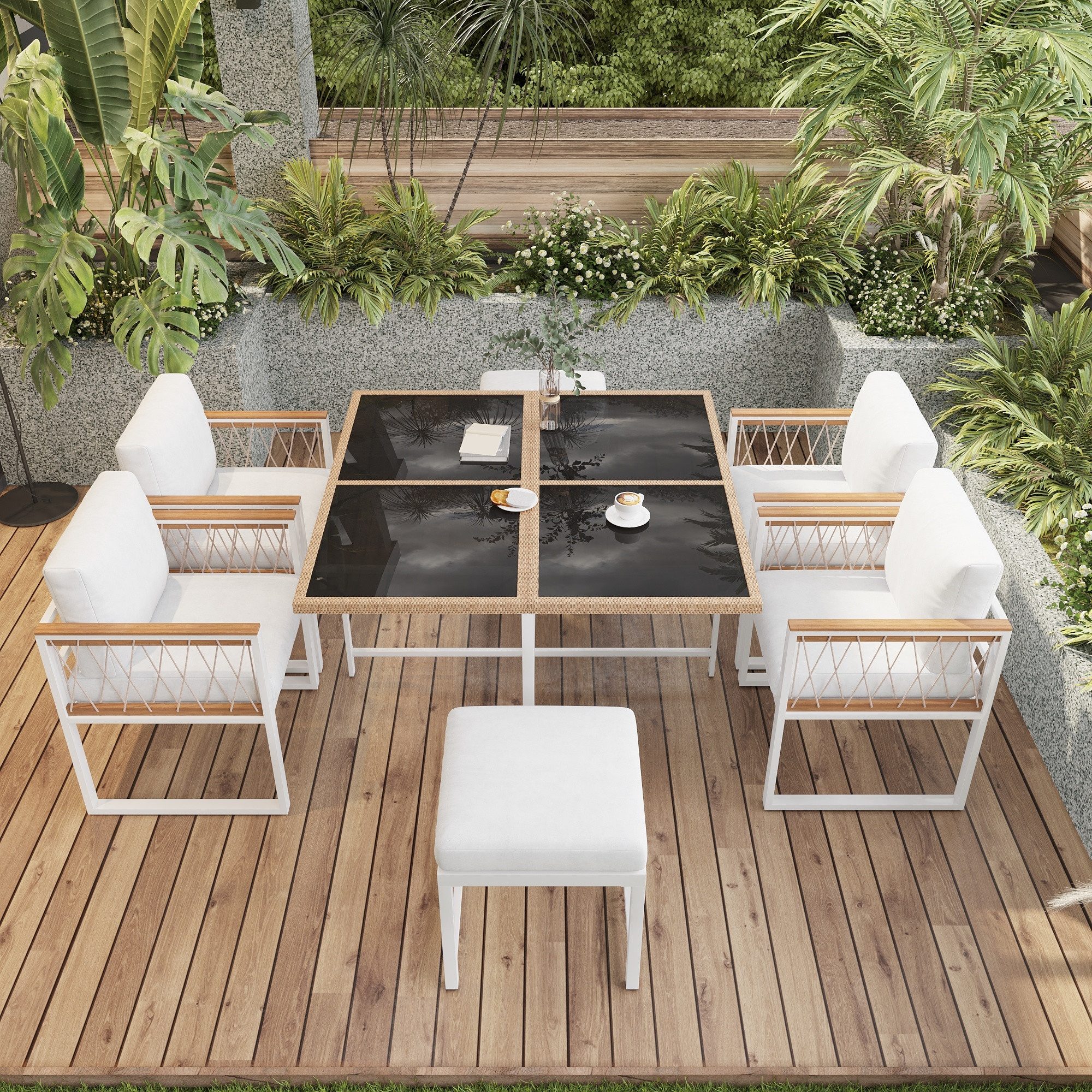 Celya Gartenlounge-Set Gartenmöbel-Set für 6 Personen, Esstisch mit gehärteter Glasplatte, (Gartenmöbel-Set, ideal für Terrasse & Garten), 7-tlg. Polyesterseil-Umwicklung & WPC-Armlehnen