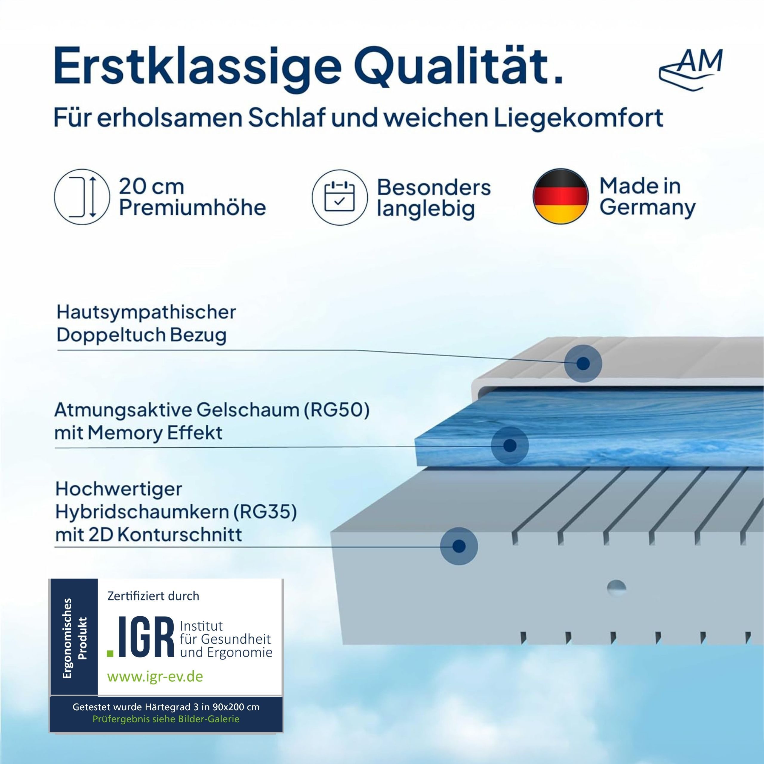 Gelschaummatratze 7-Zonen Gel-Matratze, Hochwertige Matratze mit Memory Foam, Gelschaum, AM Qualitätsmatratzen, 20 cm hoch, 90x200 cm