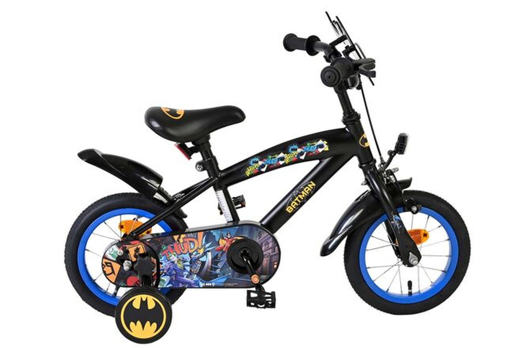 Volare Kinderfahrrad Batman 12 Zoll für Jungen - Schwarz - Offiziell lizenziert, 3–4 Jahre, Handbremse vorne und Rücktrittbremse hinten, abnehmbare Stützräder