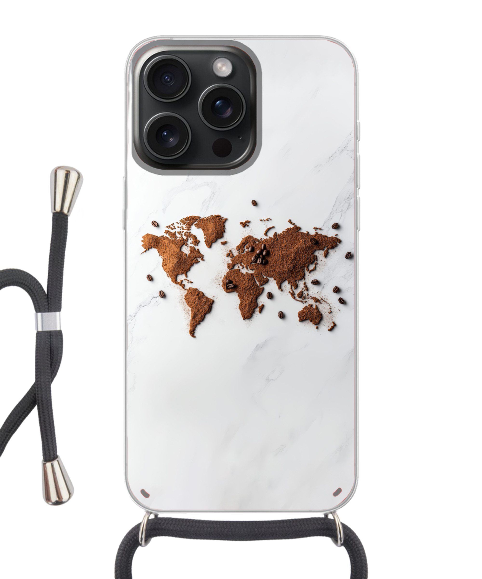 MuchoWow Handyhülle für Apple iPhone 15 Pro Max Weltkarte - Kaffee - Marmor, Tragbare Handyhüllen mit Kette zum umhängen, Handykette Handyband
