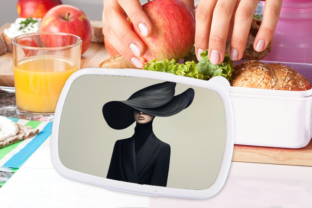 MuchoWow Lunchbox Schwarz - Frau - Hut, Kunststoff, (2-tlg), Brotdose Schule oder Arbeit, Brotbox für Kinder und Erwachsene