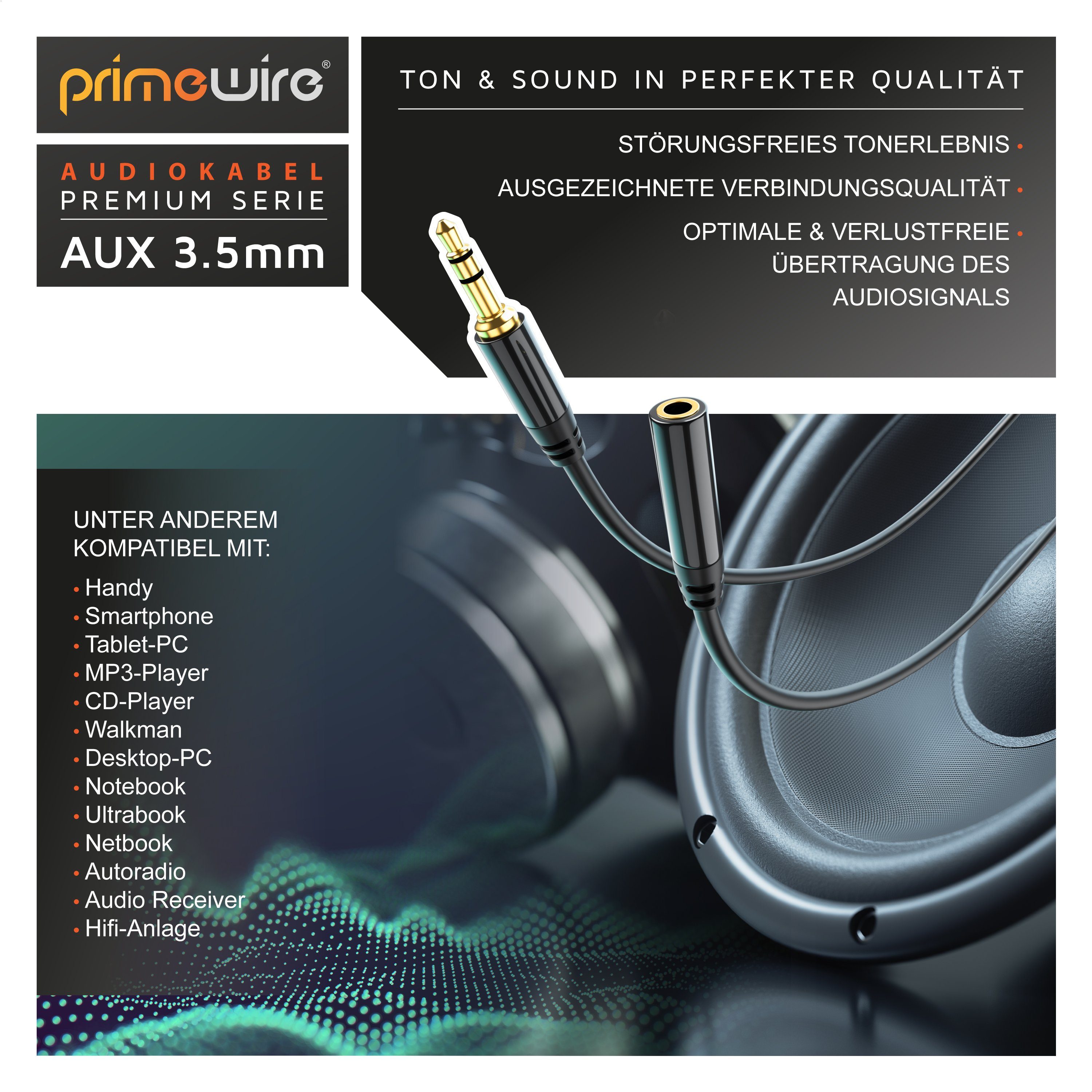 Primewire HiFi Audio Klinkenkabel / Verlängerungskabel - 3m Audio-Kabel, AUX, 3,5-mm-Klinke (300 cm), Stereo, für Smartphone, Auto, HiFi, klarer Sound ohne Stör – Bild 5 von 5