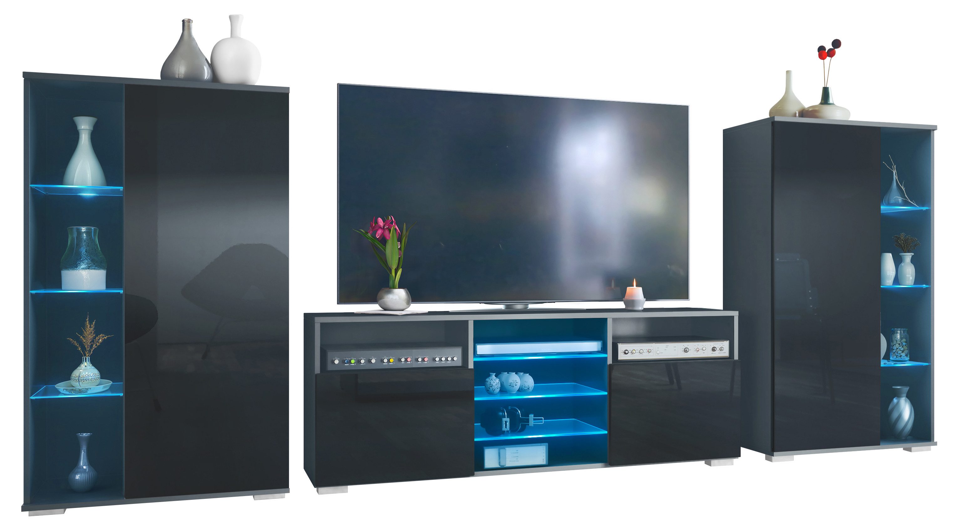 Vladon Wohnwand Davos, (Anbauwand, bestehend aus 2 Vitrinen, 1 TV-Board und LED-Beleuchtung), Anthrazit matt/Schwarz Hochglanz (329 x 134 x 35 cm)