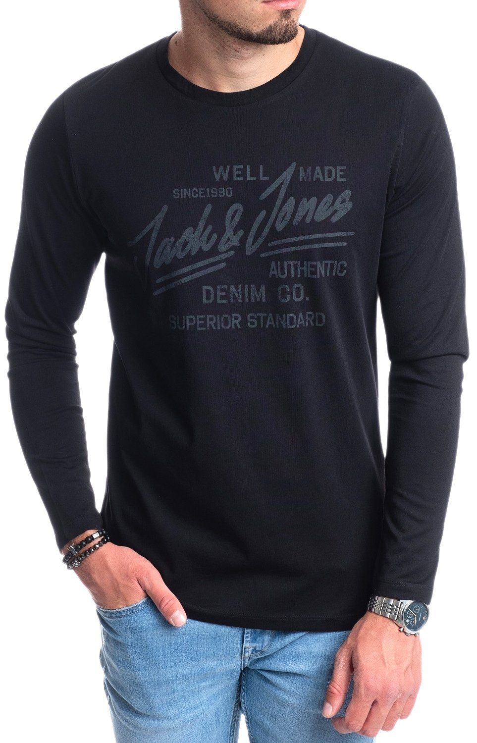 Jack & Jones Langarmshirt stilvolles Regular Fit Longsleeve mit Printdruck Bequemes Oberteil aus Baumwolle mit Rundhalsausschnitt
