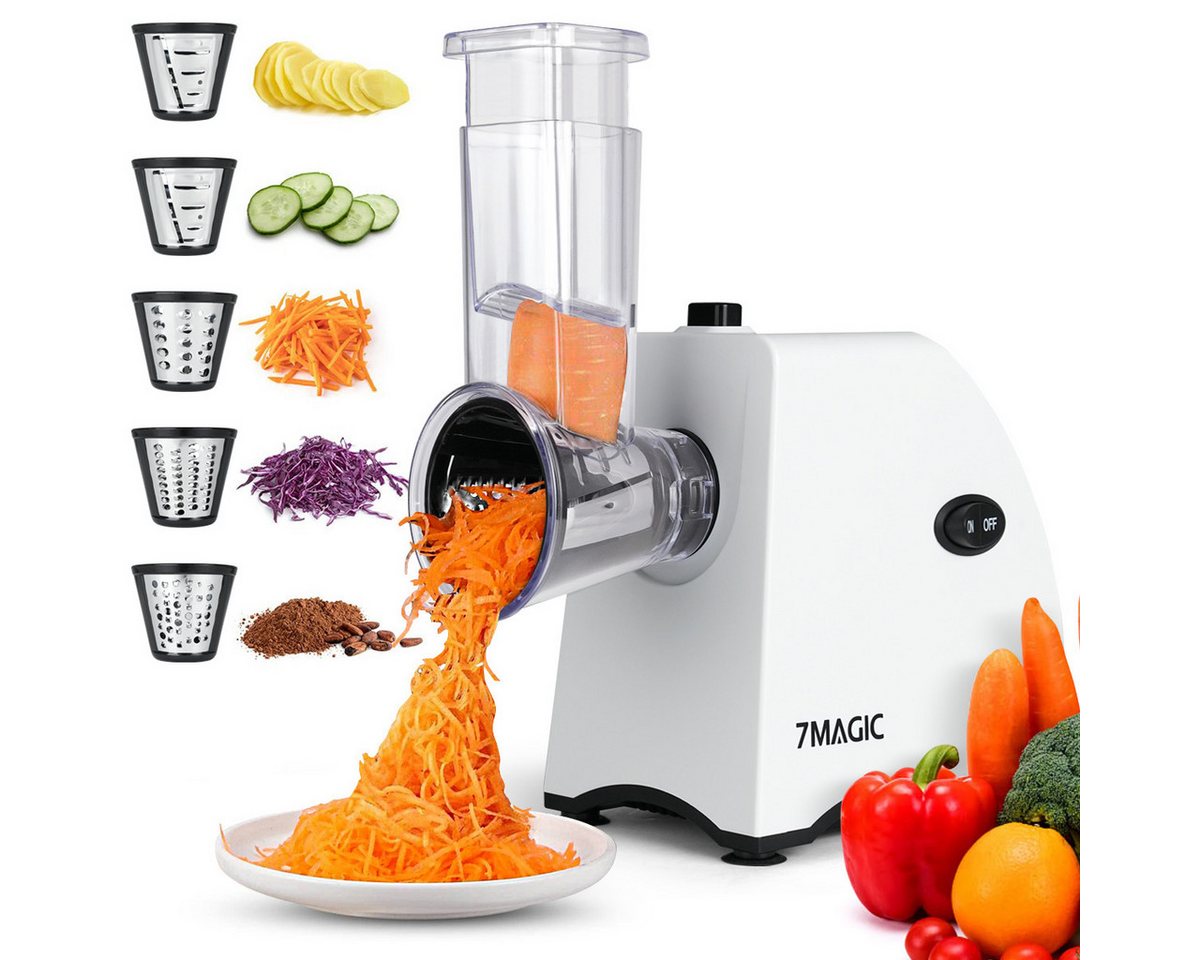 KNKA PRO Gemüseschneider Elektrischer Gemüsehobel, Obst- und Gemüsereibe, Multifunktionsreibe, 250 W, 5 Edelstahleinsätze, abnehmbar, leicht zu reinigen, für Obst & Gemüse