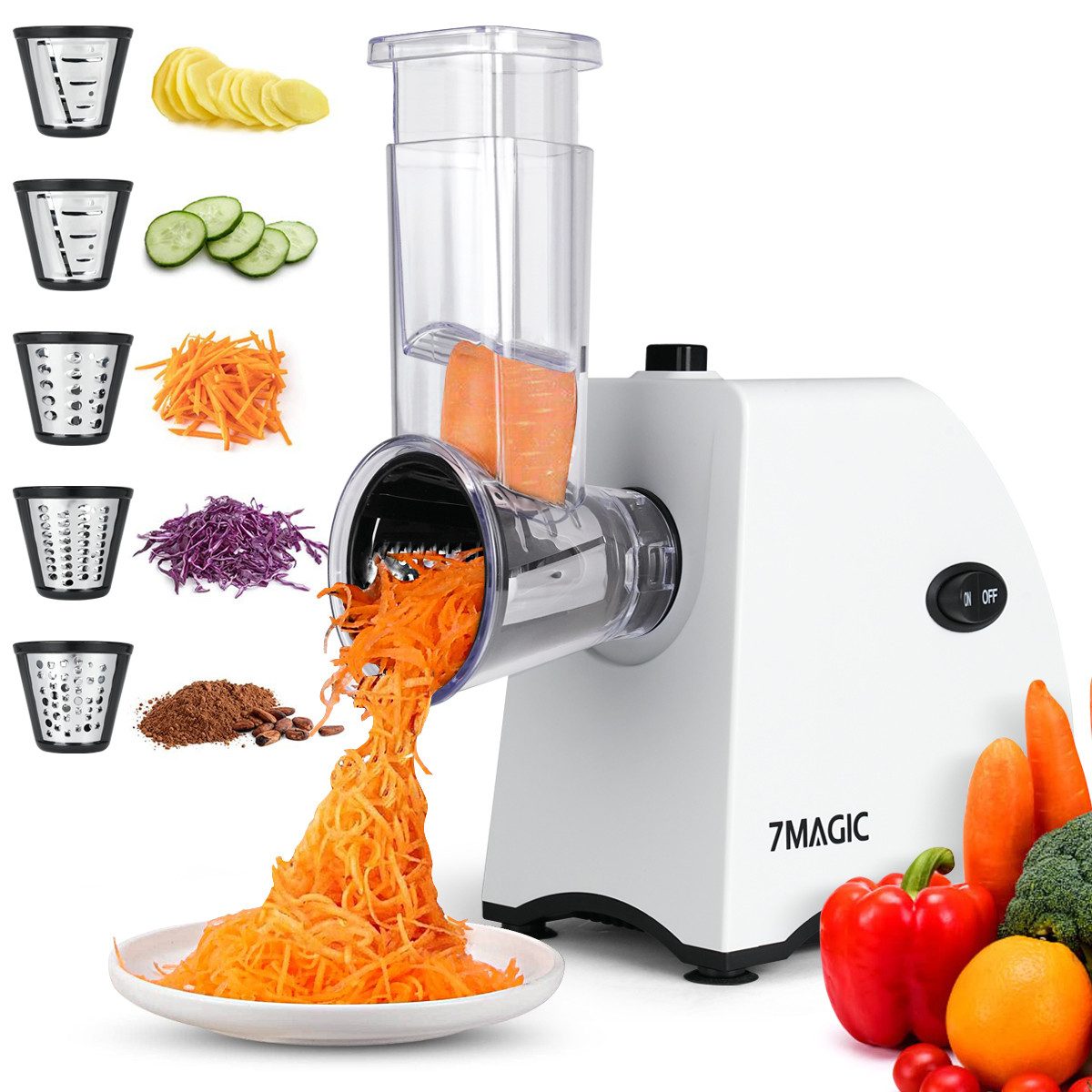 KNKA PRO Gemüseschneider Elektrischer Gemüsehobel, Obst- und Gemüsereibe, Multifunktionsreibe, 250 W, 5 Edelstahleinsätze, abnehmbar, leicht zu reinigen, für Obst & Gemüse