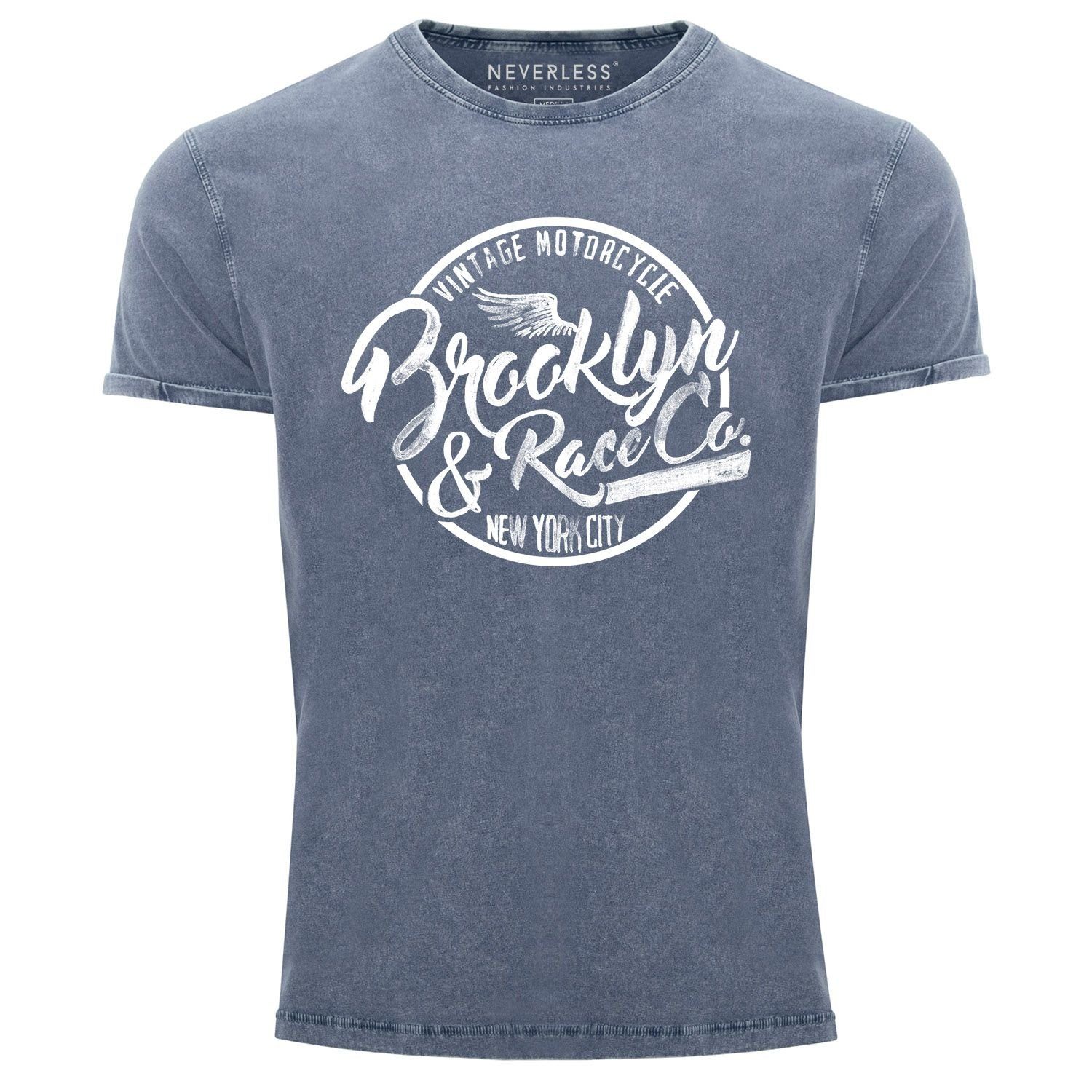 Neverless Print-Shirt Cooles Angesagtes Herren T-Shirt Vintage Shirt Brooklyn Racing Used Look Slim Fit Neverless® mit Print blau