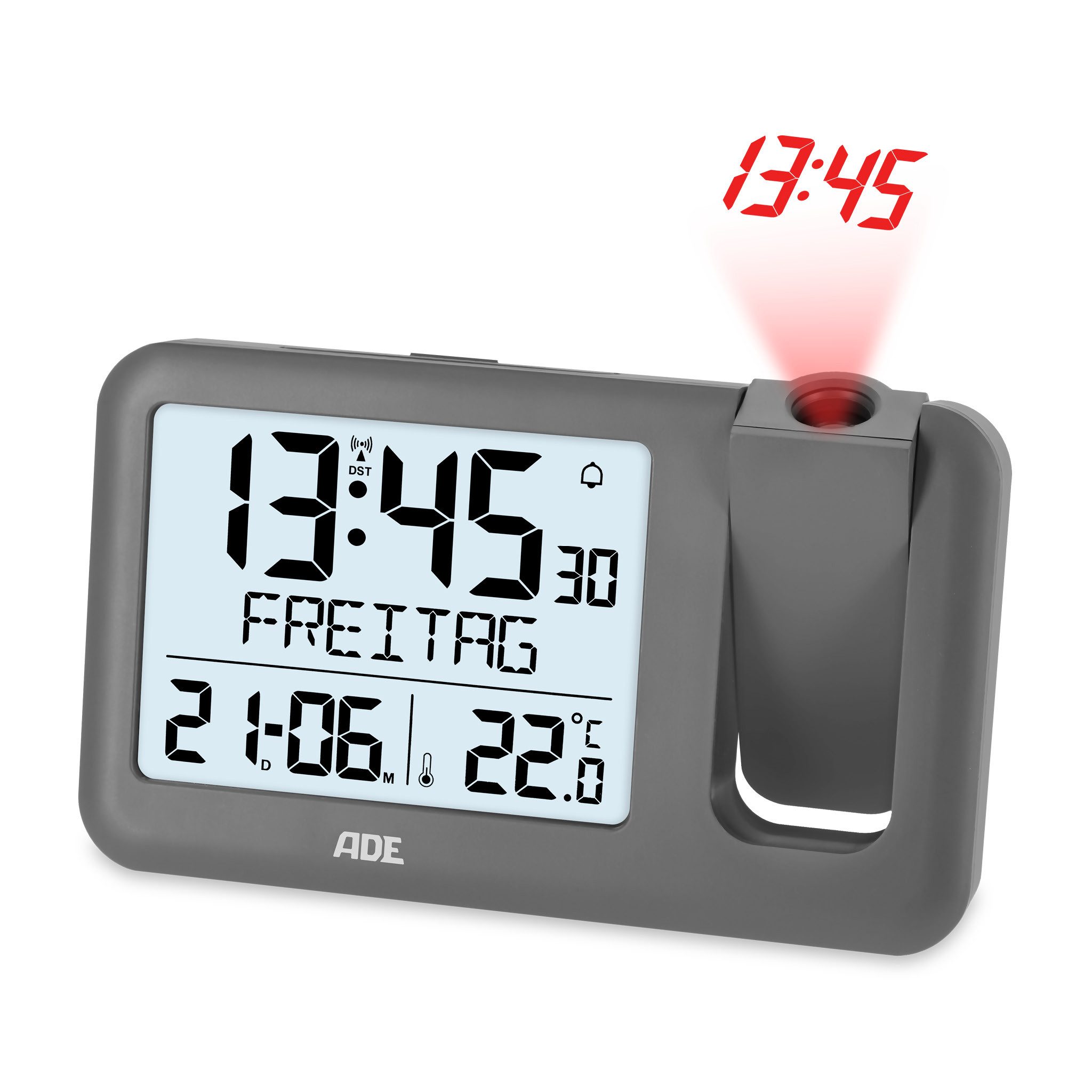 ADE Projektionswecker Digital mit Projektion an Decke & Wand, Projektionsuhr, 180° drehbar Funkuhr mit Kalender & Temperatur, inkl. 3 AAA Batterien & Netzteil