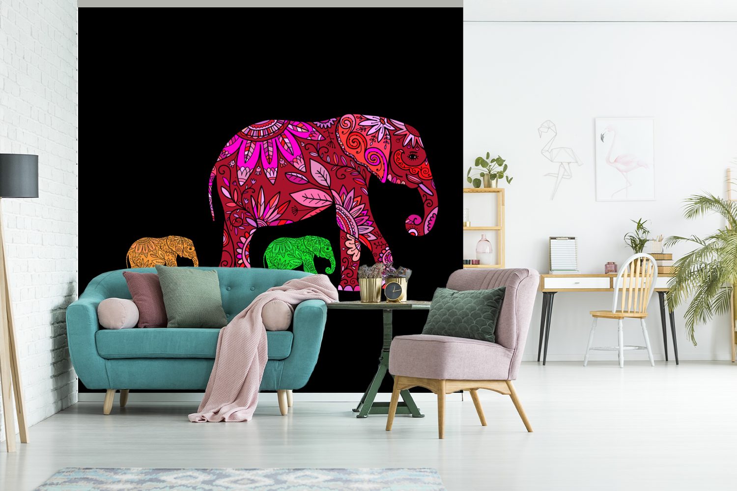 Wandtapete - Muster (5 Tapete oder St), Pflanzen, Schlafzimmer, Vinyl Blumen - MuchoWow Wohnzimmer - Elefant Fototapete bedruckt, für Matt,
