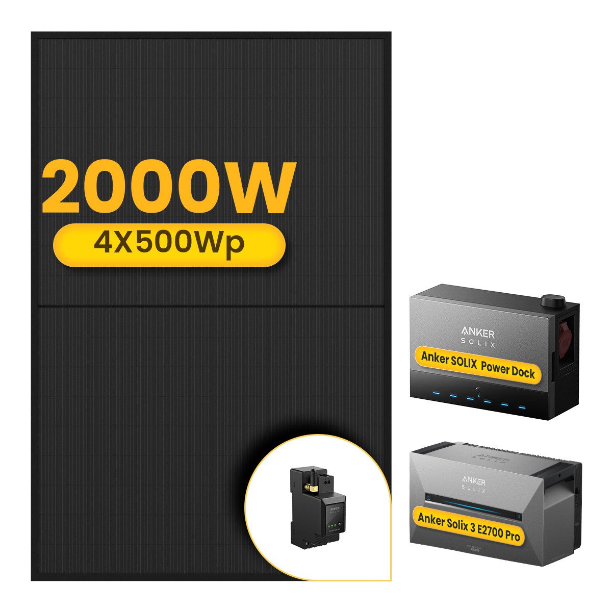 Anker Balkonkraftwerk 2000W Anker SOLIX Solarbank Power Dock mit Solarbank 3 Pro Speicher, (Power Dock und 4x 500Wp Solarmodule im Lieferumfang enthalten), Speicher mit integriertem Wechselrichter, All-in-One 2,68kWh Akku