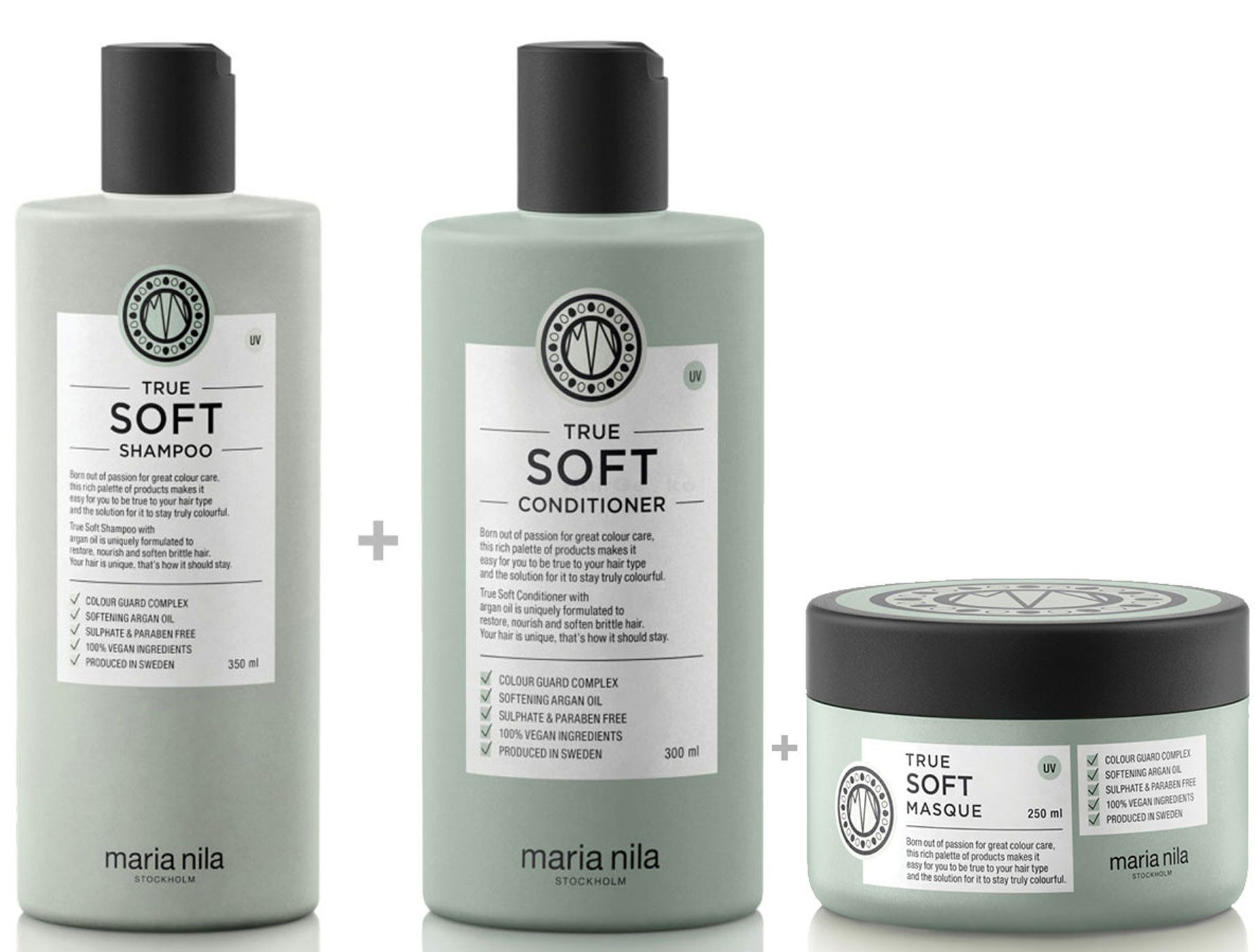Maria Nila Haarpflege-Set True Soft Set - Shampoo 350ml + Conditioner 300ml + Maske 250ml, 3-tlg.