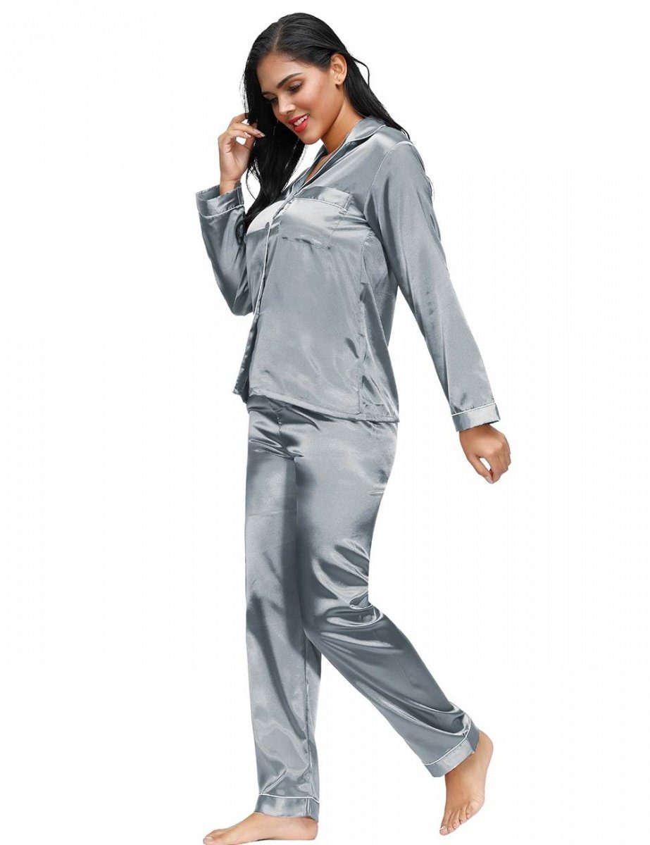 Lau-Fashion Pyjama Schlafanzug Satin Pyjama Langarm Grau zweiteilig Nachtwäsche S/M