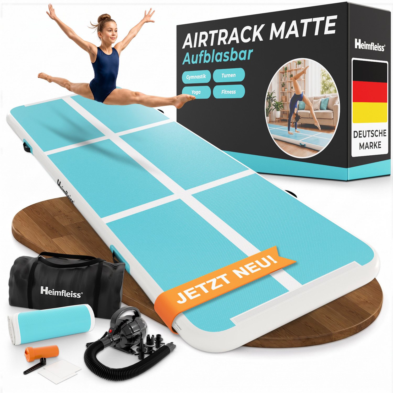 Heimfleiss® Turnmatte Airtrack aufblasbar 300x100x10 cm (Air Track Matte mit Elektropumpe, inkl. Tragetasche und Reparaturset), bis 150 kg belastbar