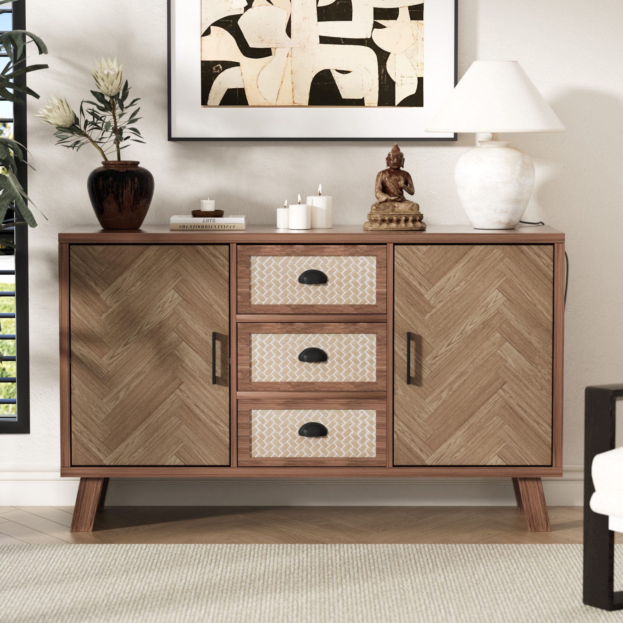 Merax Sideboard mit Schubladen und Türen, Kommode Boho-Stil mit Metallgriffe, Anrichte, TV-Schrank, B:120cm