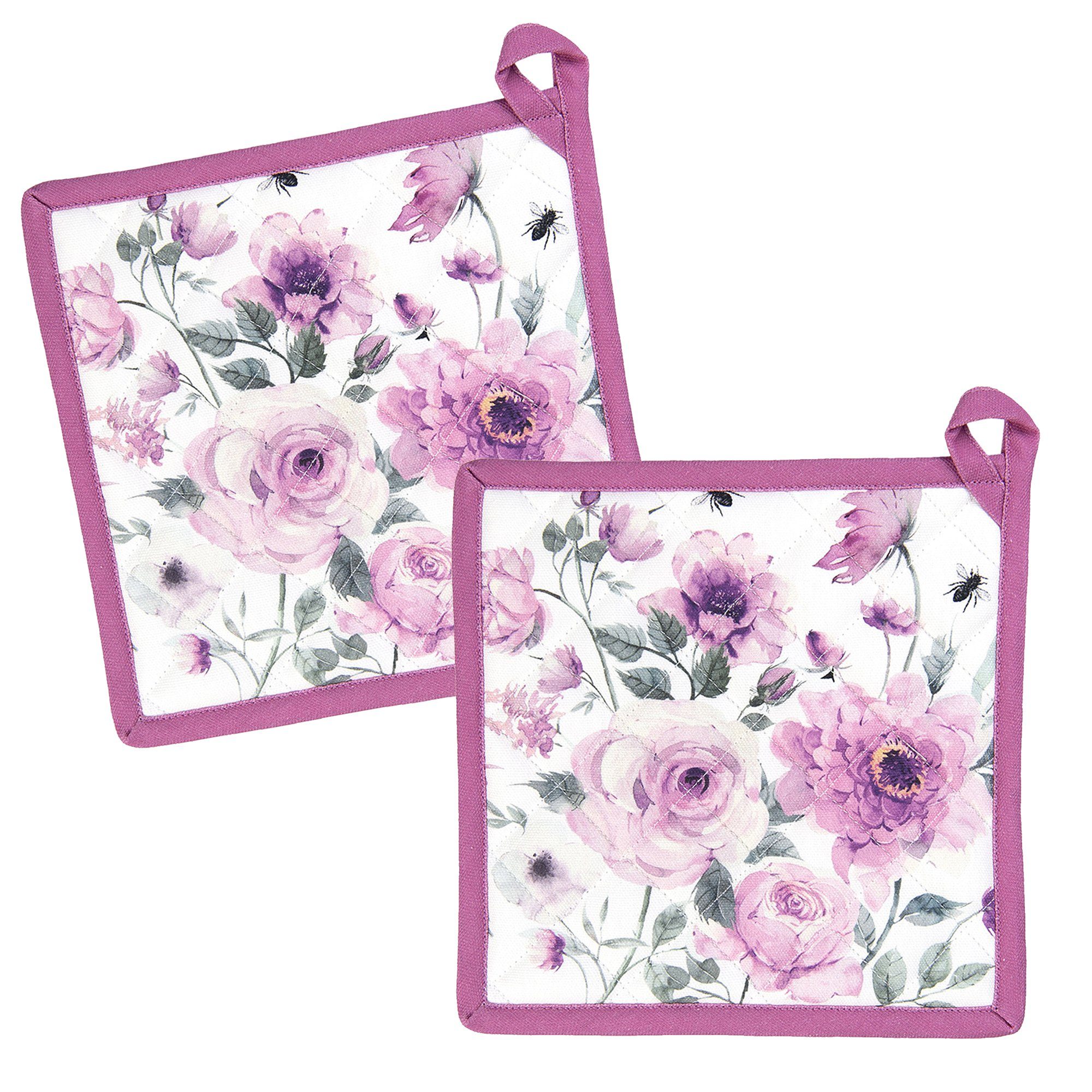 Clayre & Eef Topflappen roses and butterflies, (Set, 2-tlg., 2-teilig), hitzebeständig wattiert Pfannen Untersetzer ca.20x20cm