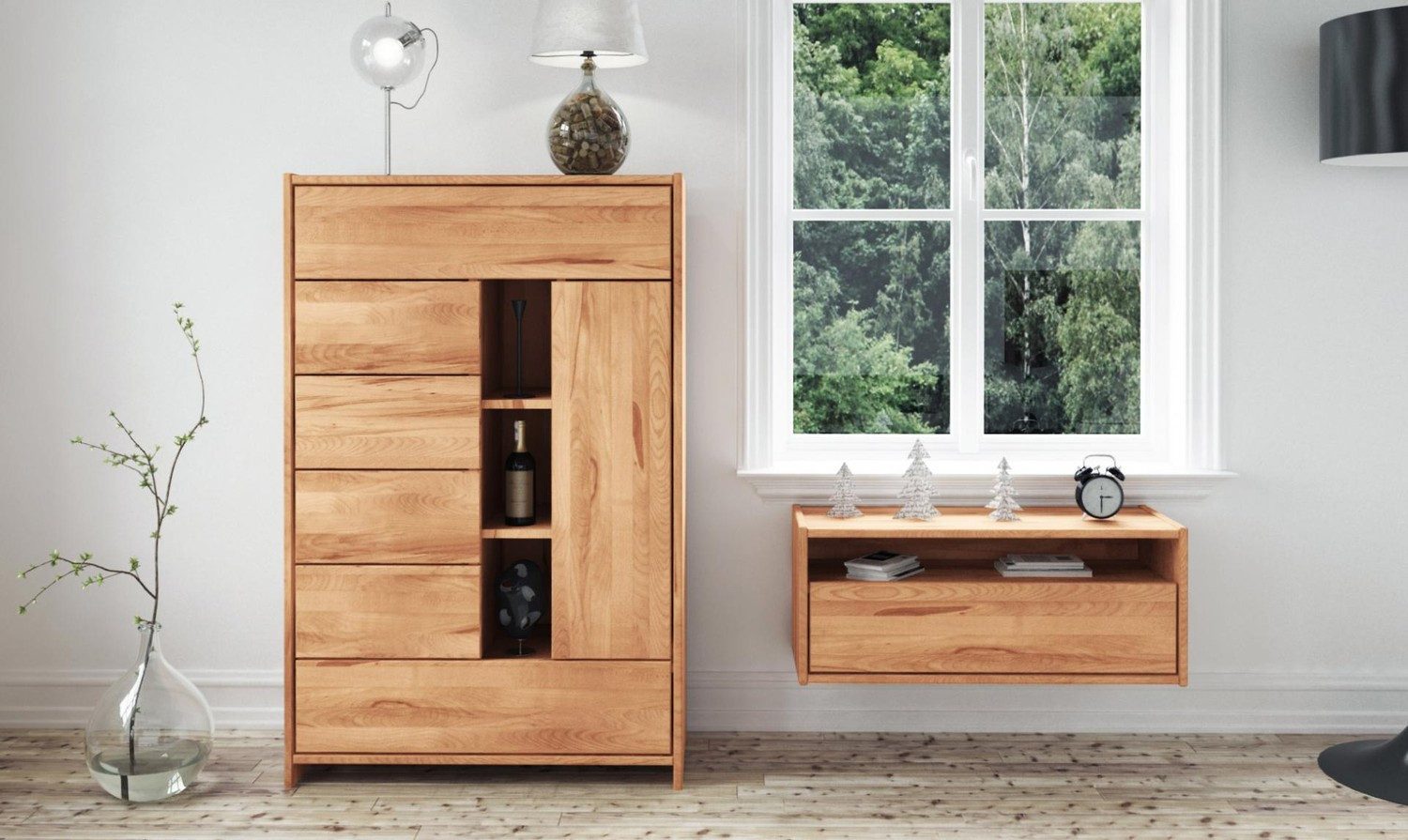 Natur24 Hängeschrank Wandschrank Zigo Kernbuche massiv 90x34x37 mit 1 Schublade und 1 Fach
