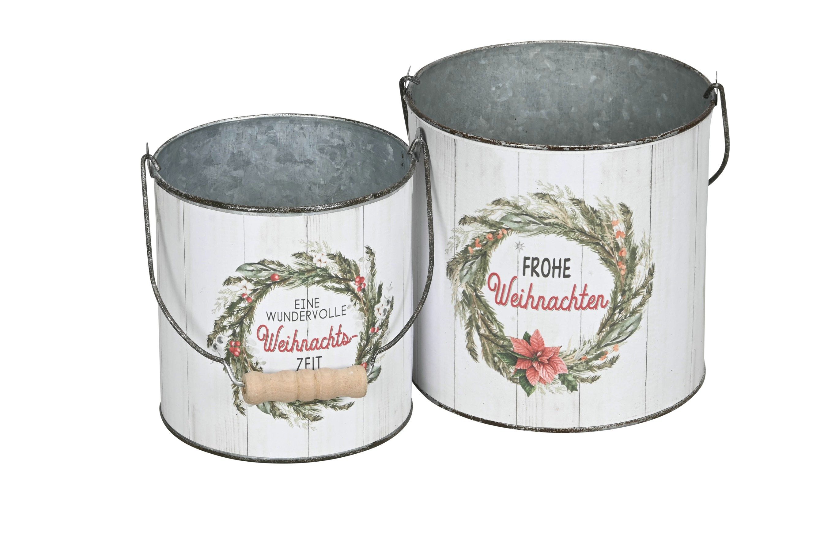 finehomegarden Blumentopf Eimer mit Henkel Metall Weihnachtsmotiv Spruch farbig 2er Set rund (Set, 2 St., 2er-Set), Ø13cm H13cm + Ø15cm H15cm Blumentof Übertopf Pflanzeimer