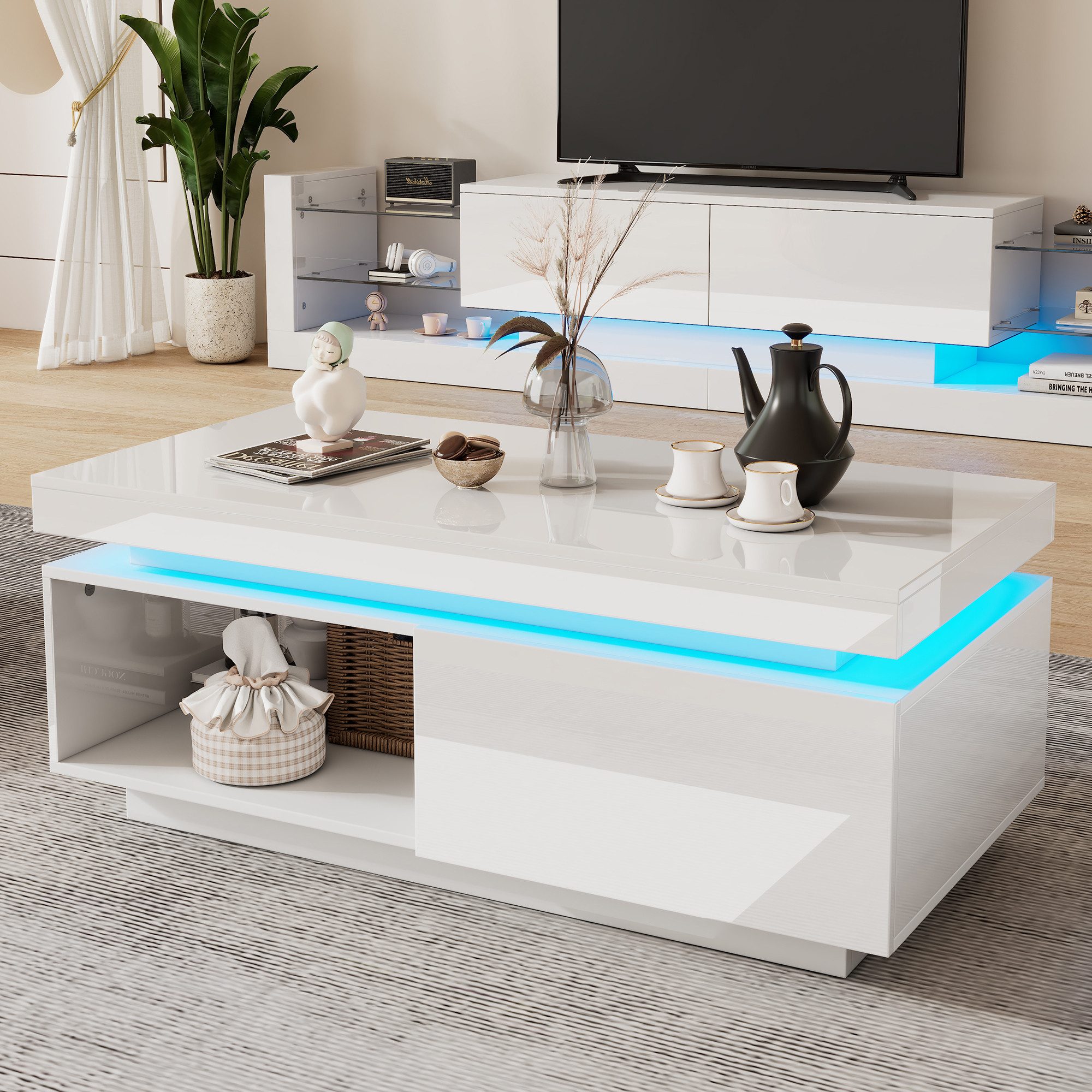 Merax Couchtisch hochglanz Sofatisch Beistelltisch mit LED-Beleuchtung (1-St), Wohnzimmertisch mit Schublade und Stauraum, Breit: 100cm