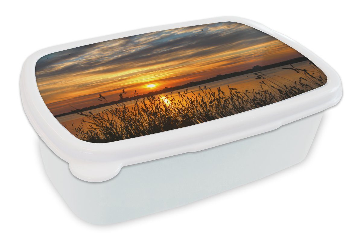 MuchoWow Lunchbox Sonnenuntergang - Meer - Horizont - Himmel - Pflanzen, Kunststoff, (2-tlg), Brotbox für Kinder und Erwachsene, Brotdose, für Jungs und Mädchen weiß