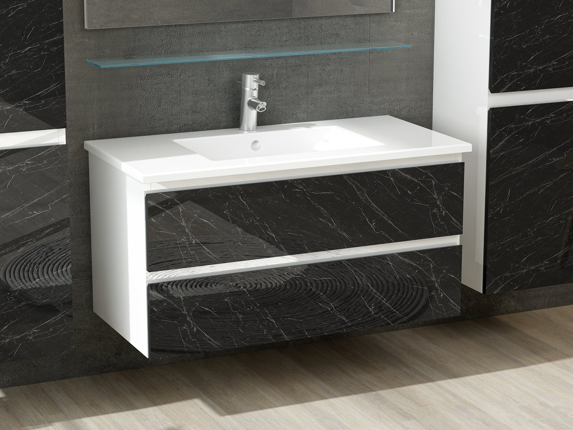 Homeline Badmöbel-Set Badmöbel Set 90 cm Schwarz / Weiß Badmöbel Set 90 cm Bad marmoroptik, (6-St)