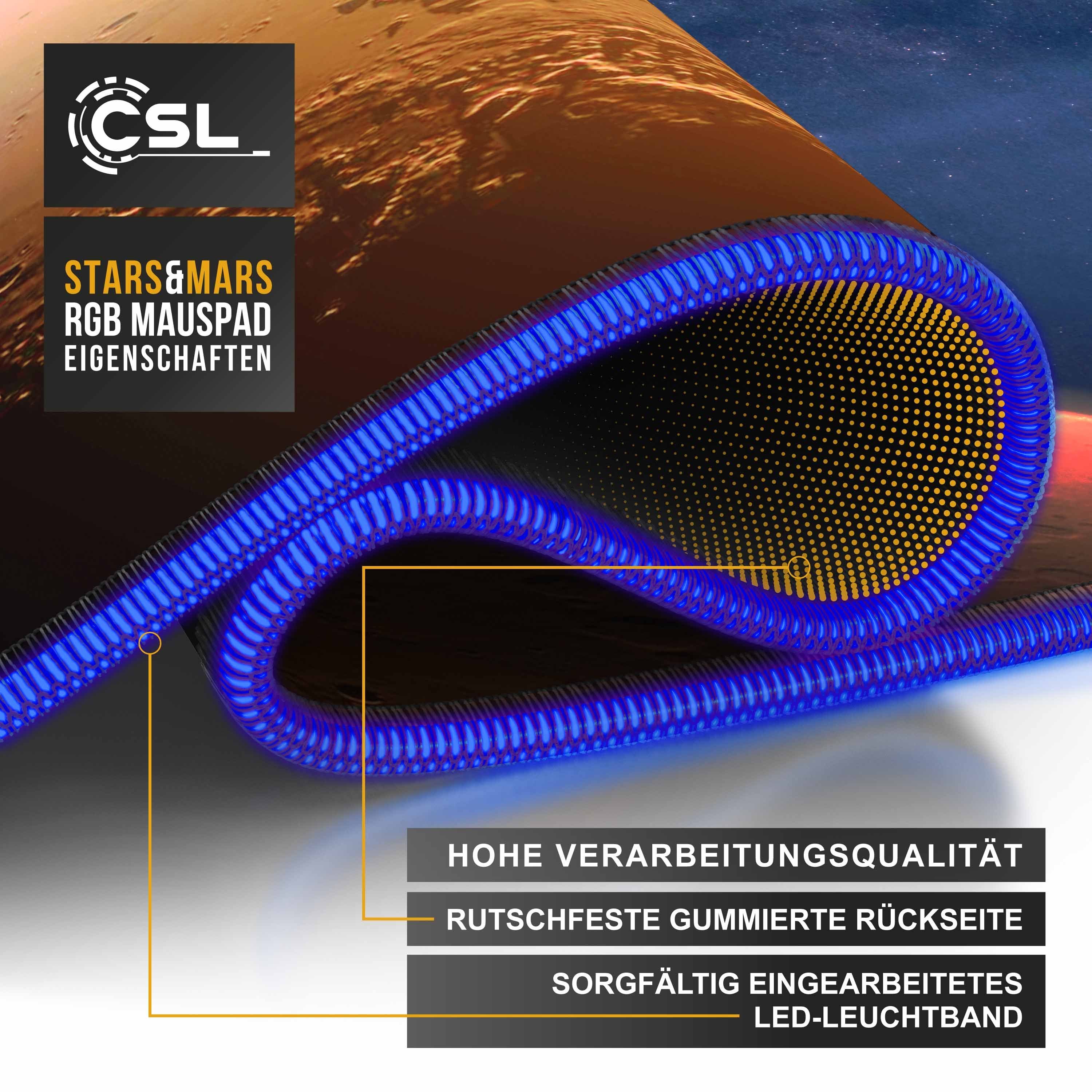 CSL Gaming Mauspad RGB Mousepad 800 x 300 x 3 mm, LED Multi Color XL Tischunterlage, rutschfest, abwaschbar, Geschwindigkeit & Präzision, Stars & Mars