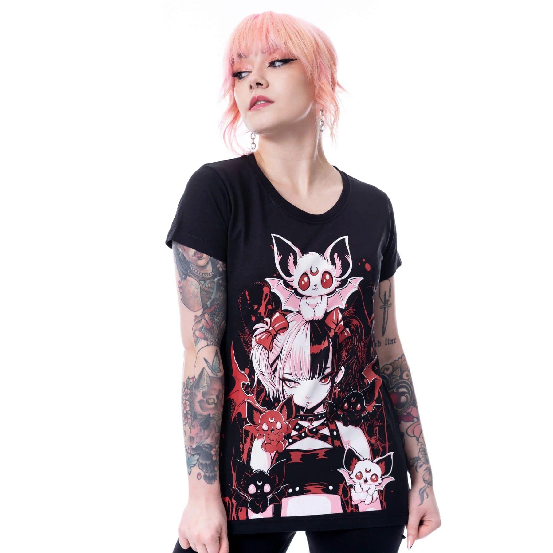 Cupcake Cult Print-Shirt Süßes Fledermaus Batling T-Shirt – Cupcake Cult - schwarz-rot Gothic Shirt Anime aus Baumwolle mit Print
