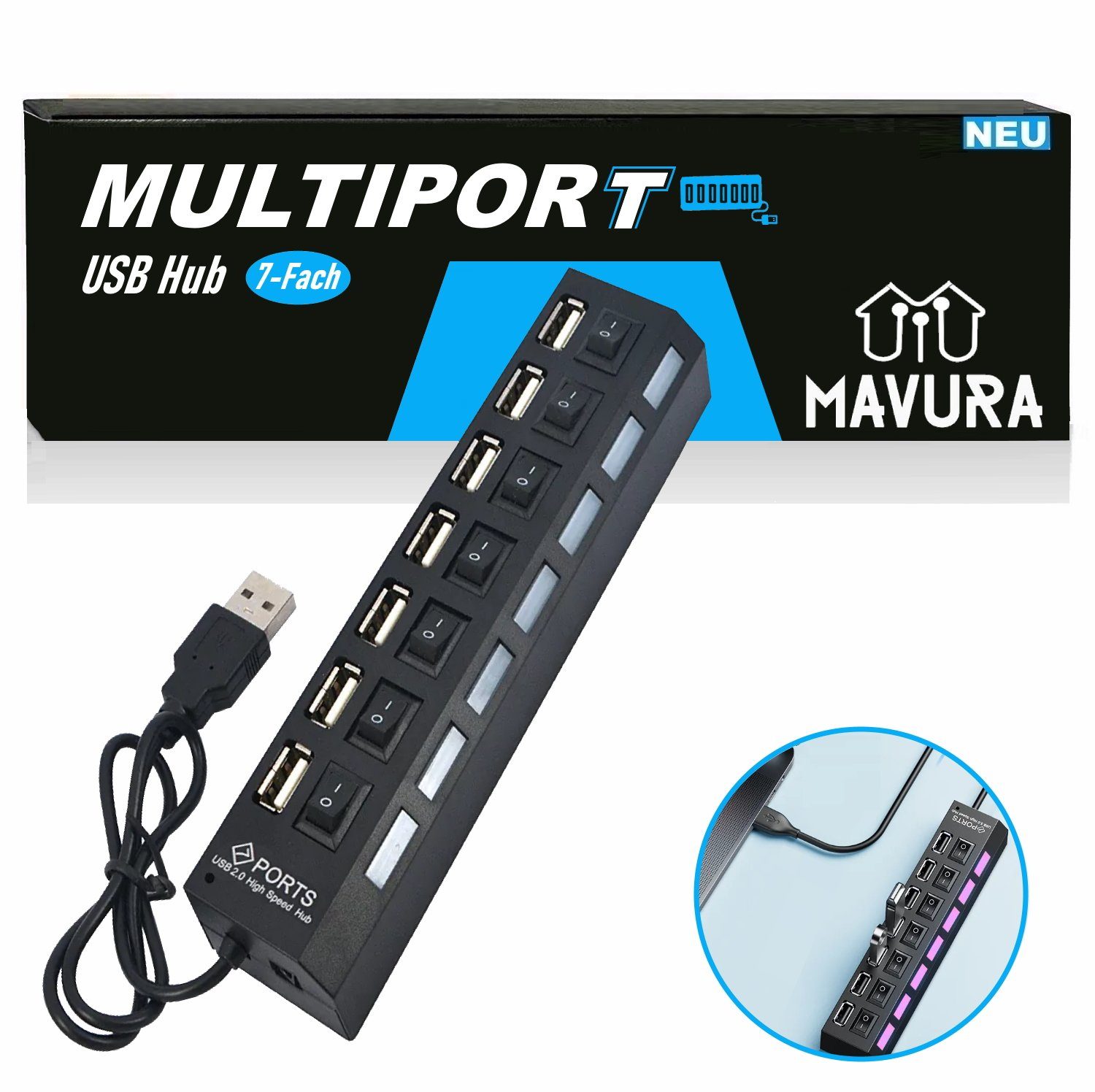 MAVURA USB-Verteiler MULTIPORT USB Hub 7-fach Port Splitter Adapter (Superspeed Datenhub), mit Aktiv Netzteil Verteiler für PC Laptop Notebook