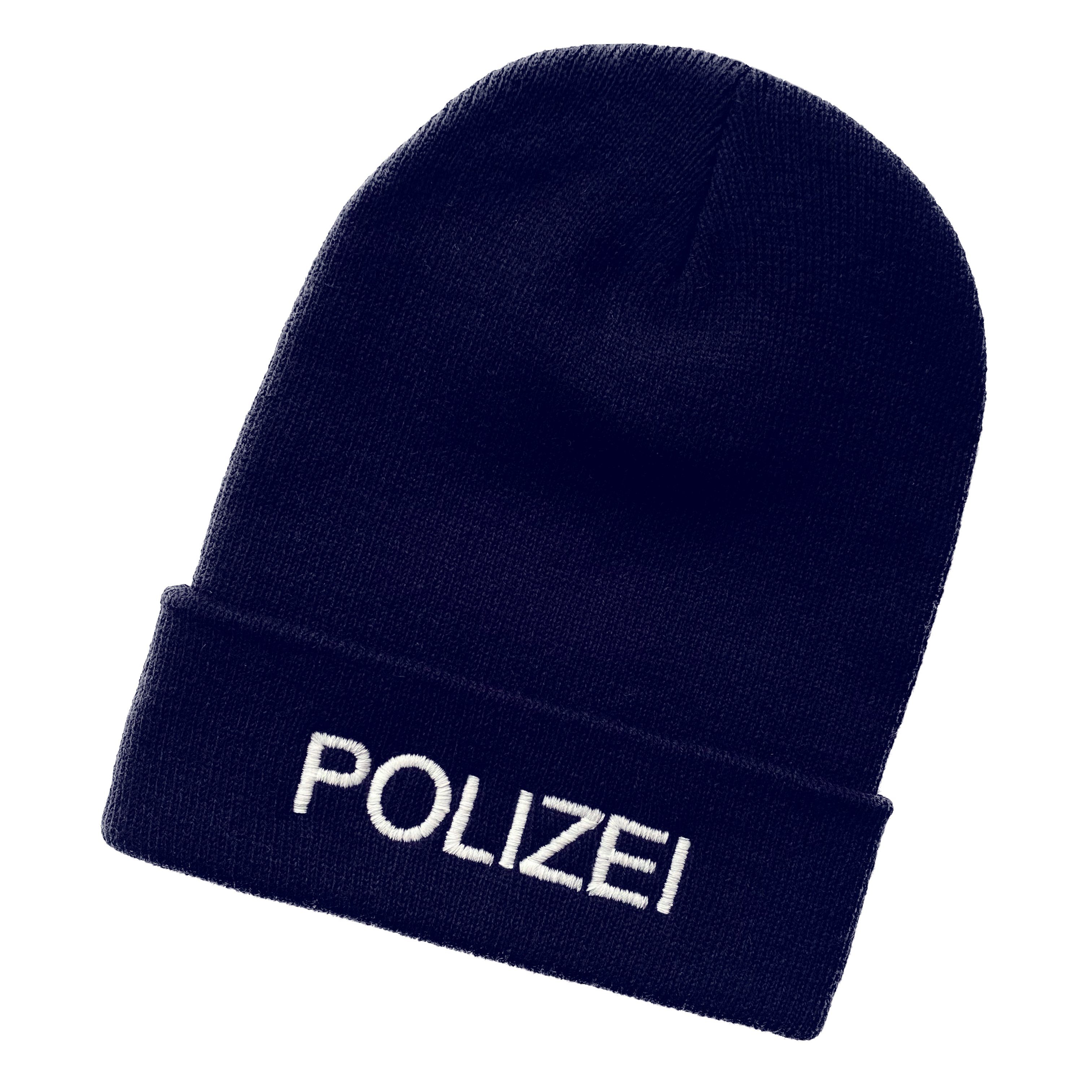 Strickmütze Umschlag dunkelblau (Beanie bestickt mit Polizei Schnoschi Strickmütze Mütze) breiten mit mit Umschlag