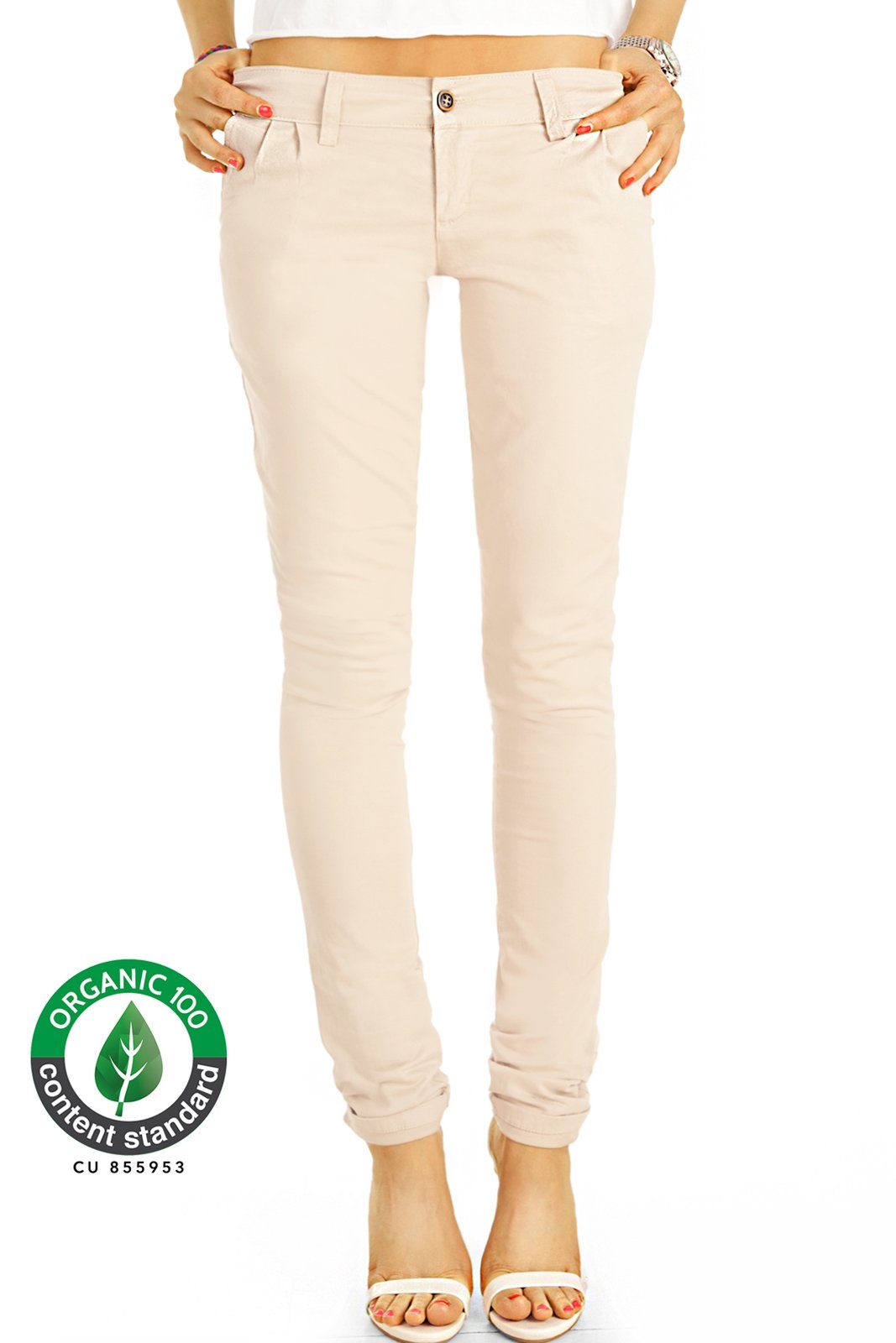 Bio Unifarben Bio-Baumwolle in mit Bundfalten fit mit Chinos Damenhosen bio-6 Slim styled Chinos Baumwolle, be