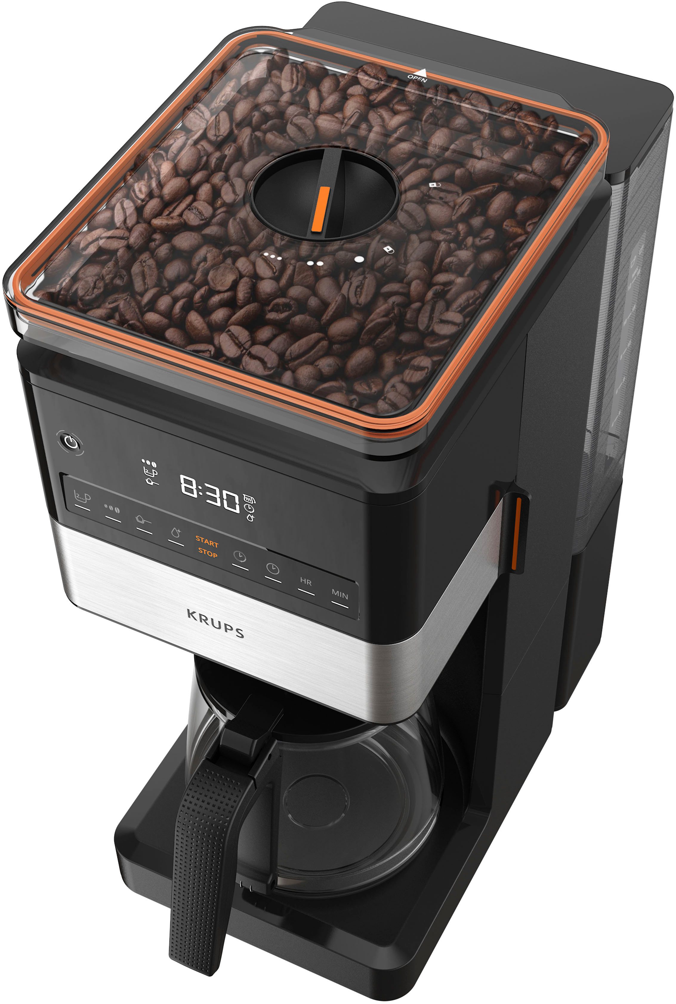 Krups Filterkaffeemaschine KM8428 Grind Aroma XL, 1,5l Kaffeekanne, Permanentfilter, Papierfilter 1x4, Kegelmahlwerk, digitales Bedienfeld, 1,5 l, 2 h Warmhaltefunktion