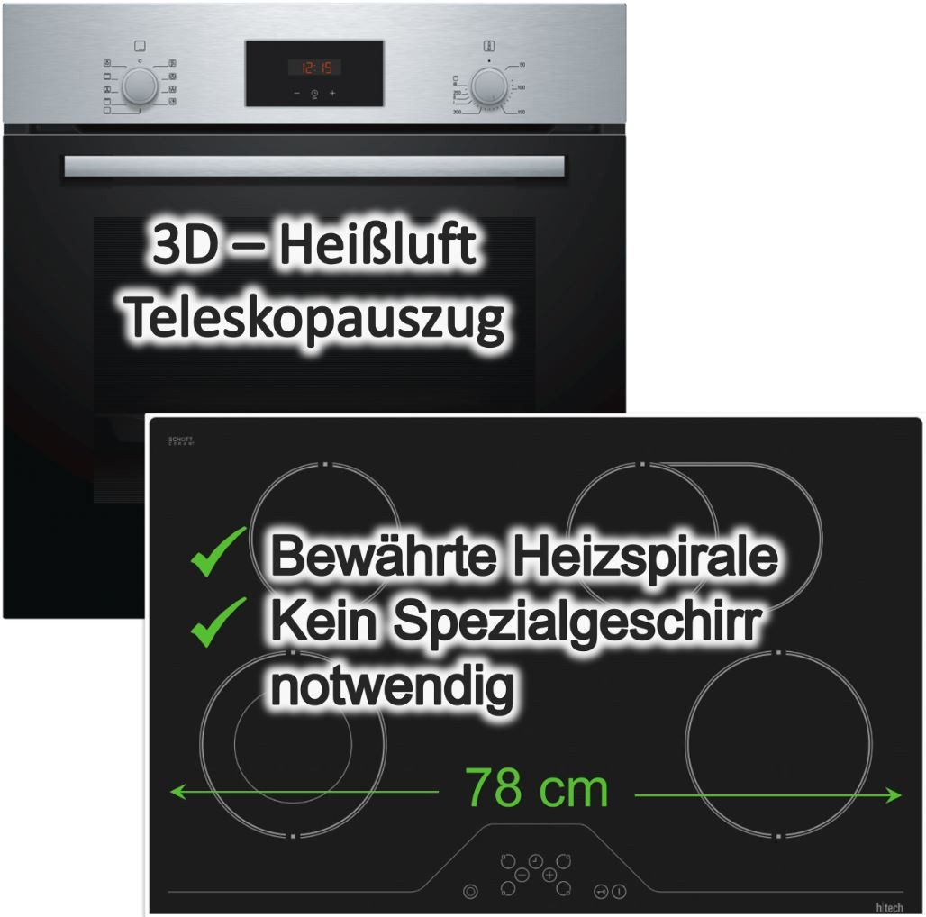 BOSCH Backofen-Set Teleskopauszug 3D-Heißluft Glaskeramik 78 cm Edelstahl Granit-Emaille, Hydrolyse