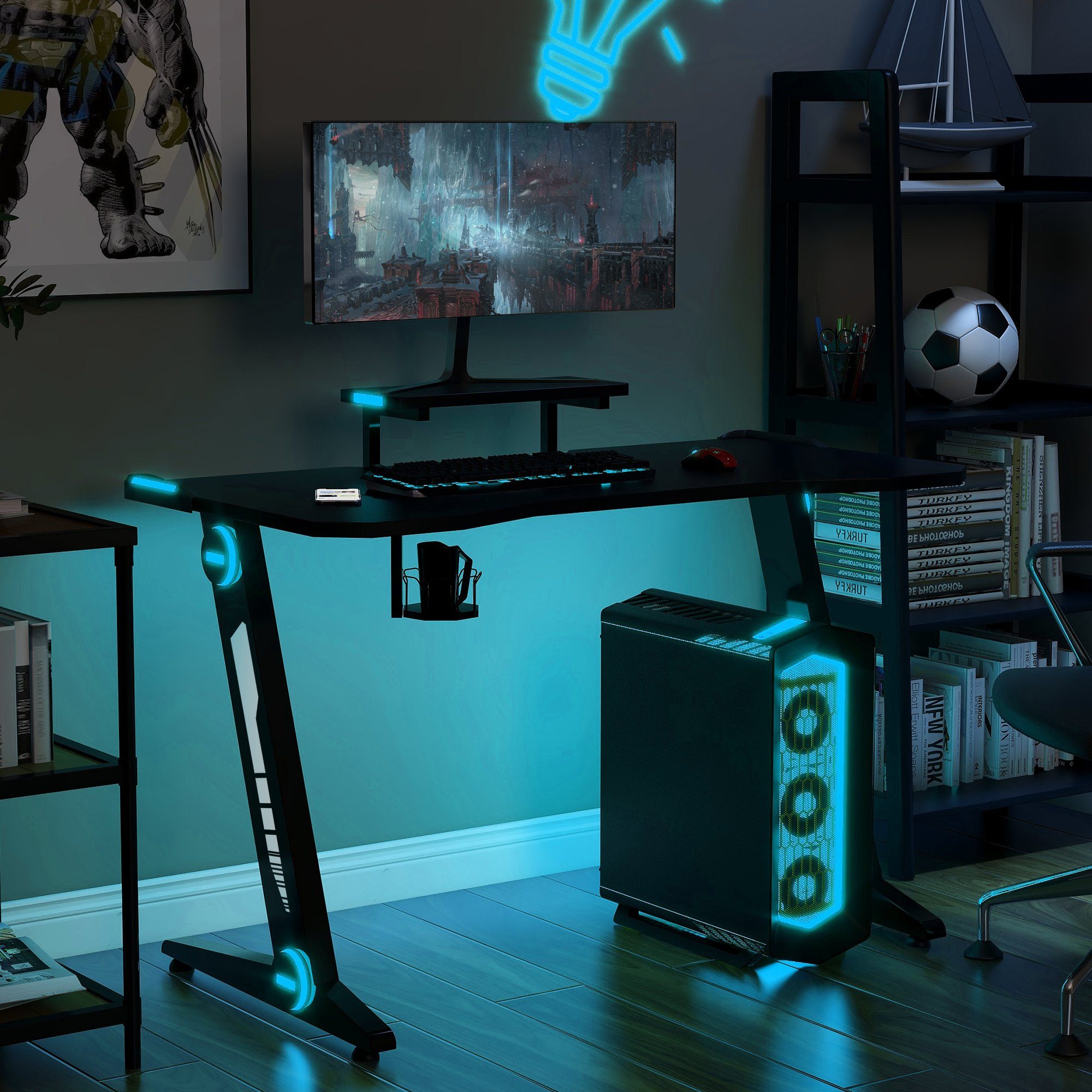 Flieks Gamingtisch Victory, Gaming Desk Computertisch mit Ablage LED-Beleuchtung, Multifunktion