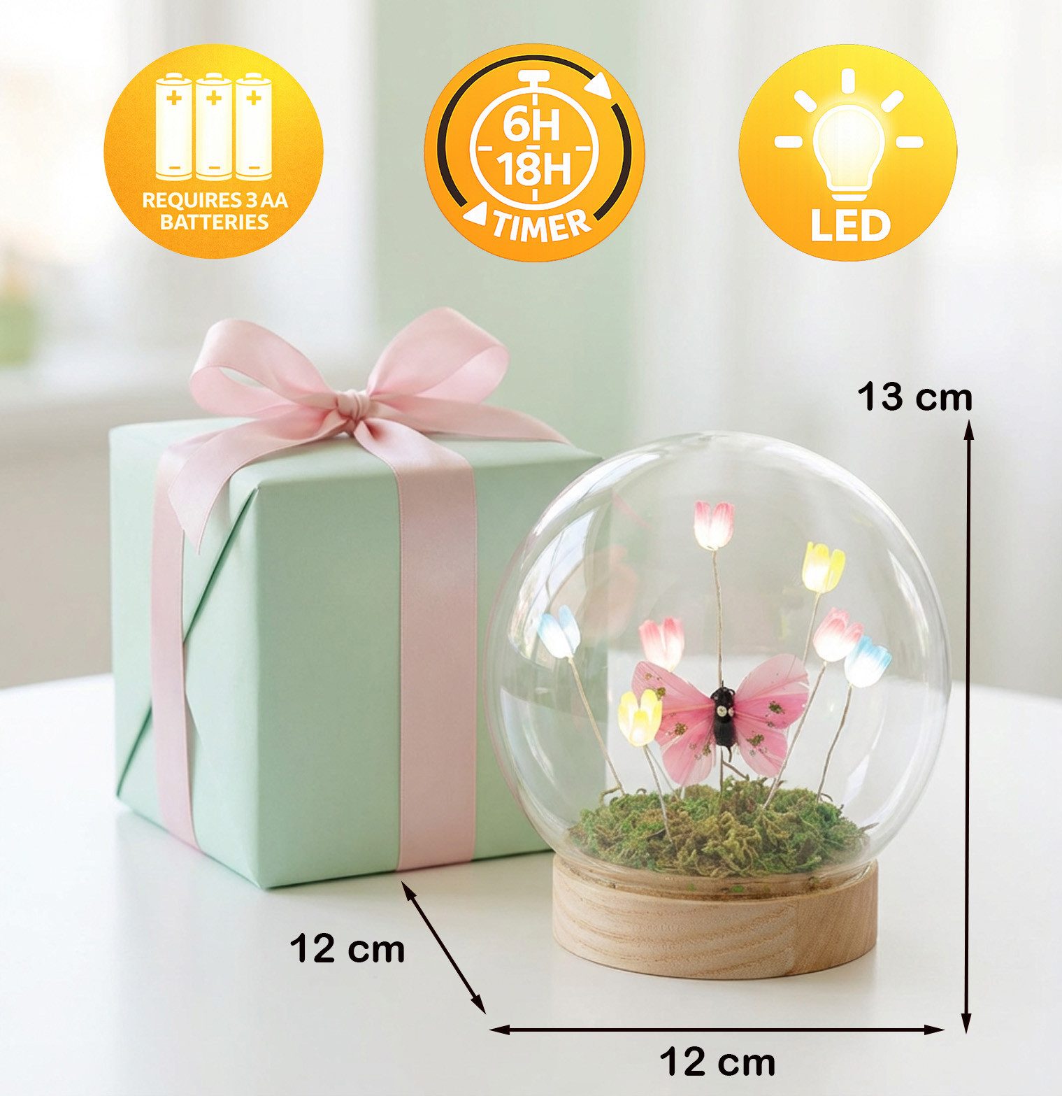 Formano LED Deko Kugel Mit Blumen & Schmetterling – Glaskugel 13 Cm Auf Holzsockel, Timer-Funktion, Batteriebetrieben – Frühlingsdeko Für Tisch, Fensterbank & Als Geschenk