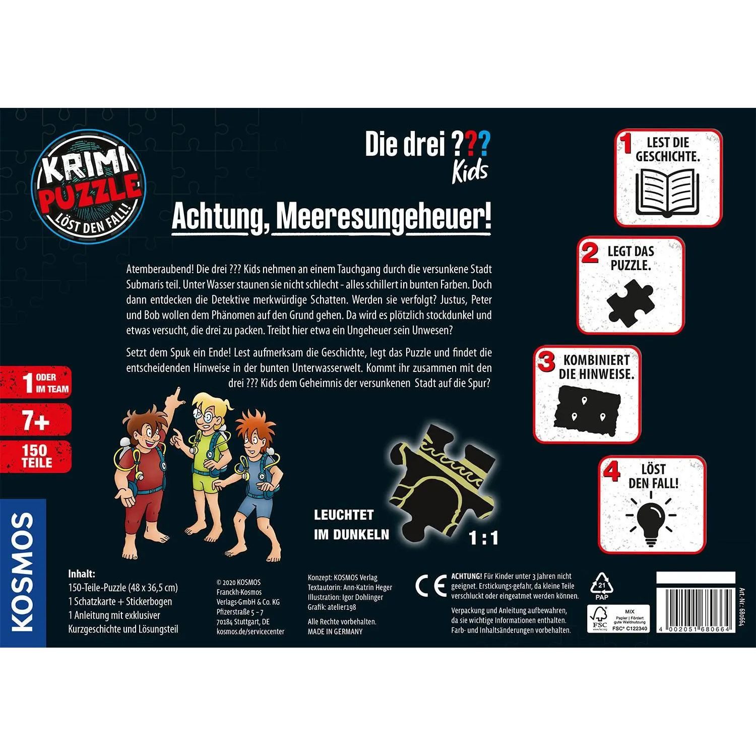 Kosmos Puzzle Krimi-Puzzle: Die drei ??? Kids 150 Teile - Achtung, Meeresungeheuer!, 150 Puzzleteile