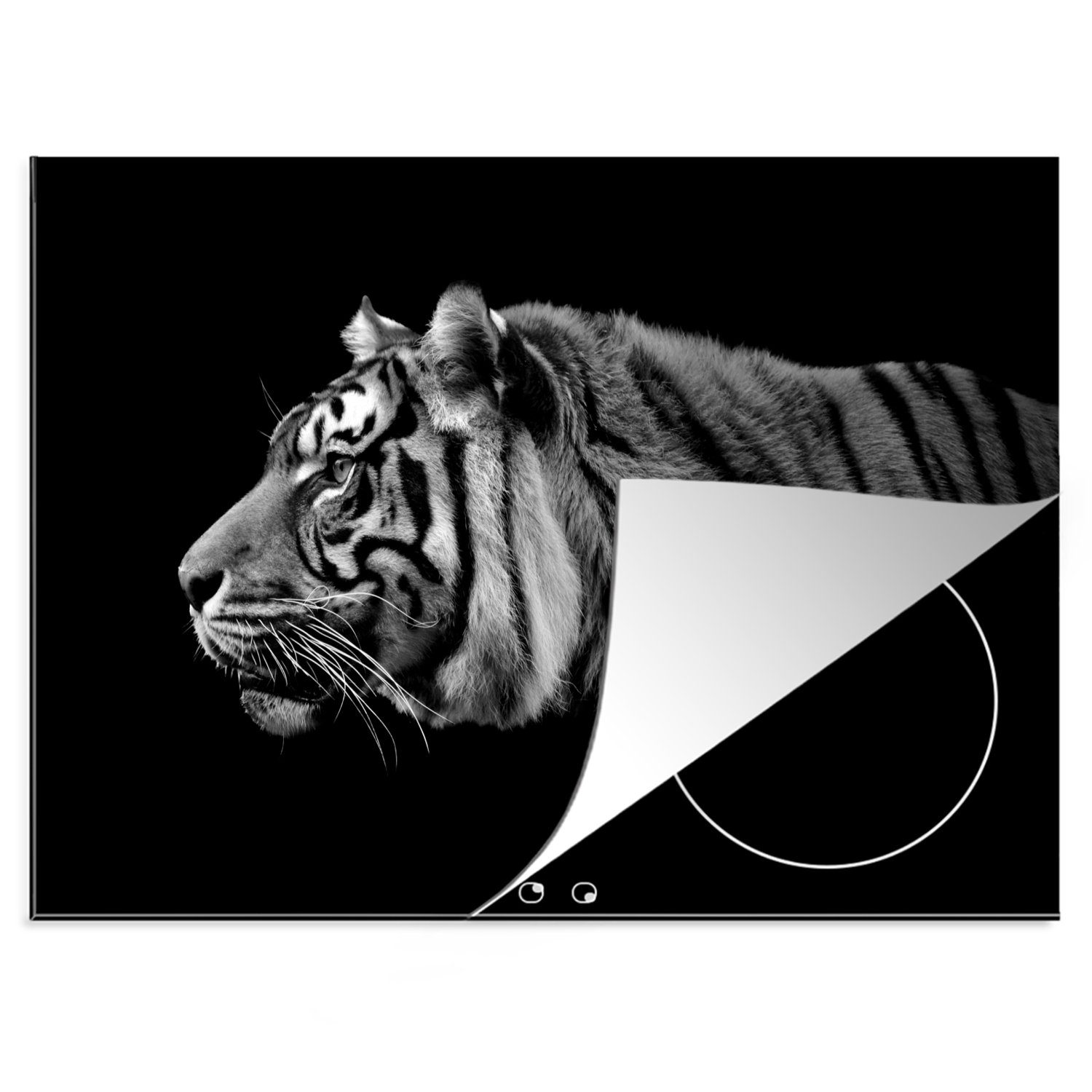 MuchoWow Herdblende-/Abdeckplatte Seitenansicht eines Tigers auf schwarzem Hintergrund - schwarz und, Vinyl, (1 tlg), 70x52 cm, Mobile Arbeitsfläche nutzbar, Ceranfeldabdeckung