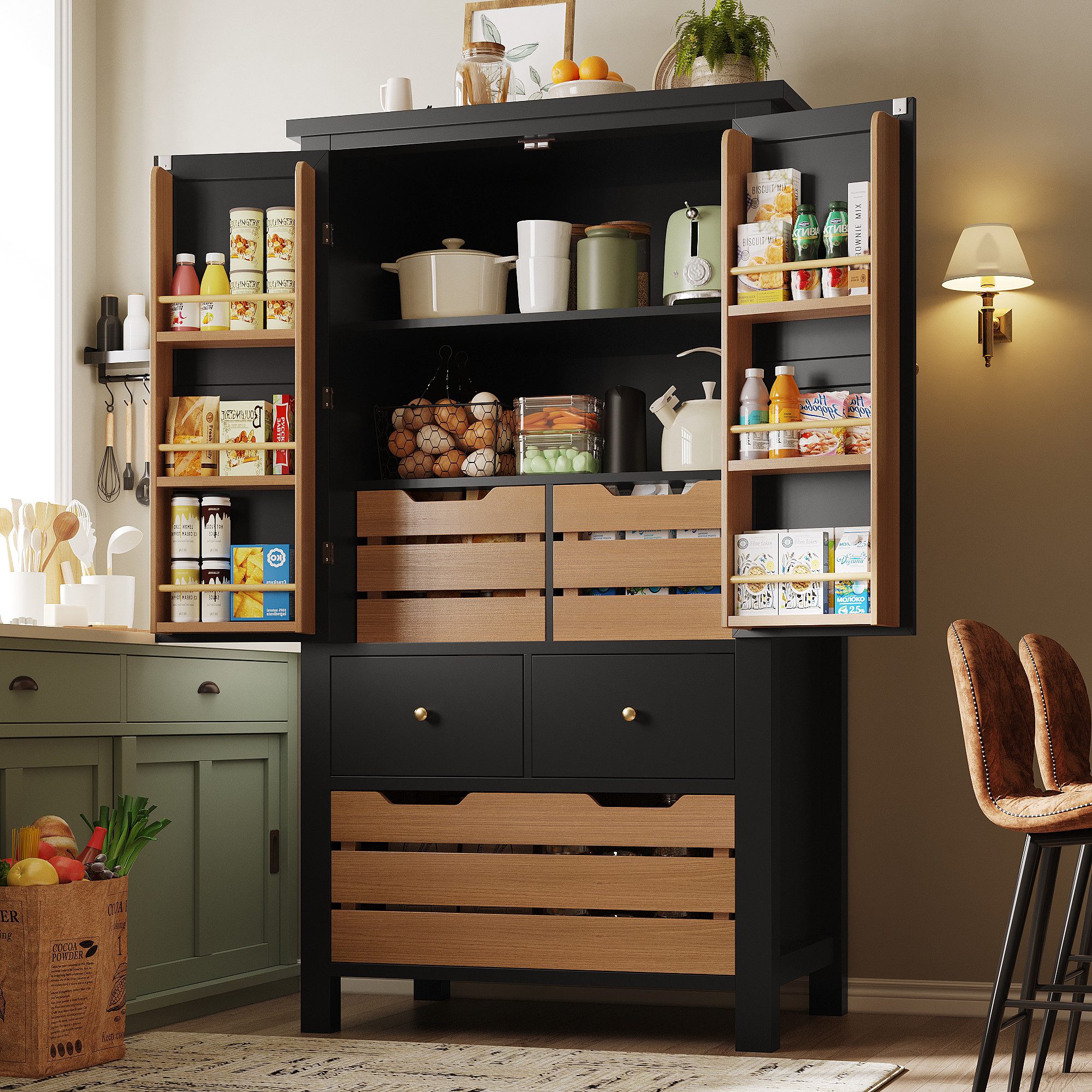 Celya Hochschrank Multifunktionales Buffet,Snackschrank,Aufbewahrungsschrank,80x40x140cm (Sicherheits-Türsystem & viel Stauraum, 1-St) mit Schubladen,Aufbewahrungsschrank Küchenschrank mit Regale,schwarz
