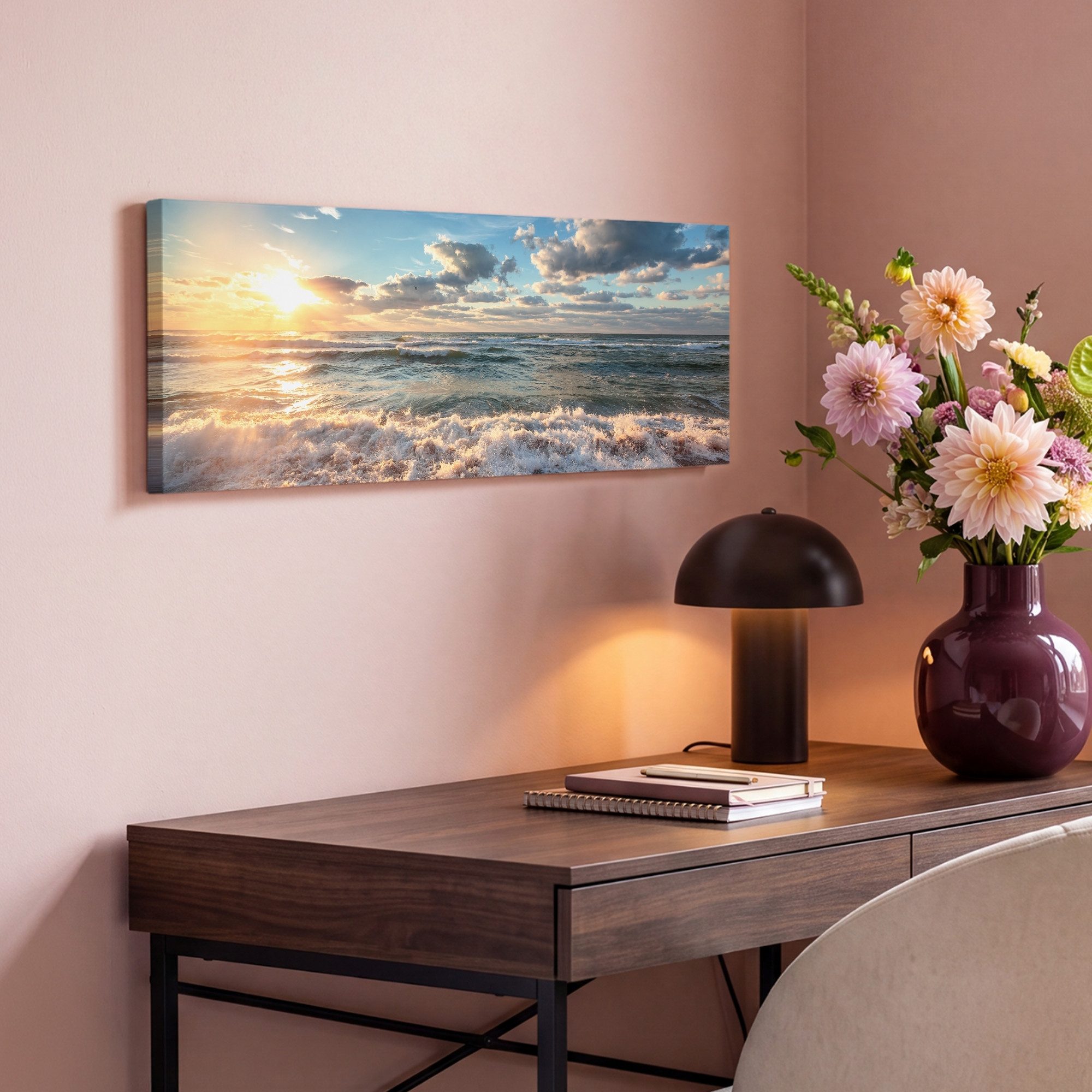 OneMillionCanvasses® Leinwandbild Panorama Strand - Meer - Sonnenuntergang, Fotodruck (1 St), Wandbild, Deko Schlafzimmer Wohnzimmer Flur 60x20 cm – Bild 4 von 5