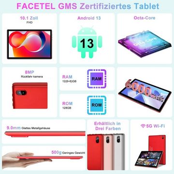 FACETEL Tablet (10", 128 GB, Android 13, 2,4G + 5,0G, Tablet-PC mit 5G WLAN Octa-Core 2,0 GHz, 12 GB RAM Dual-Kamera,6000mAh)