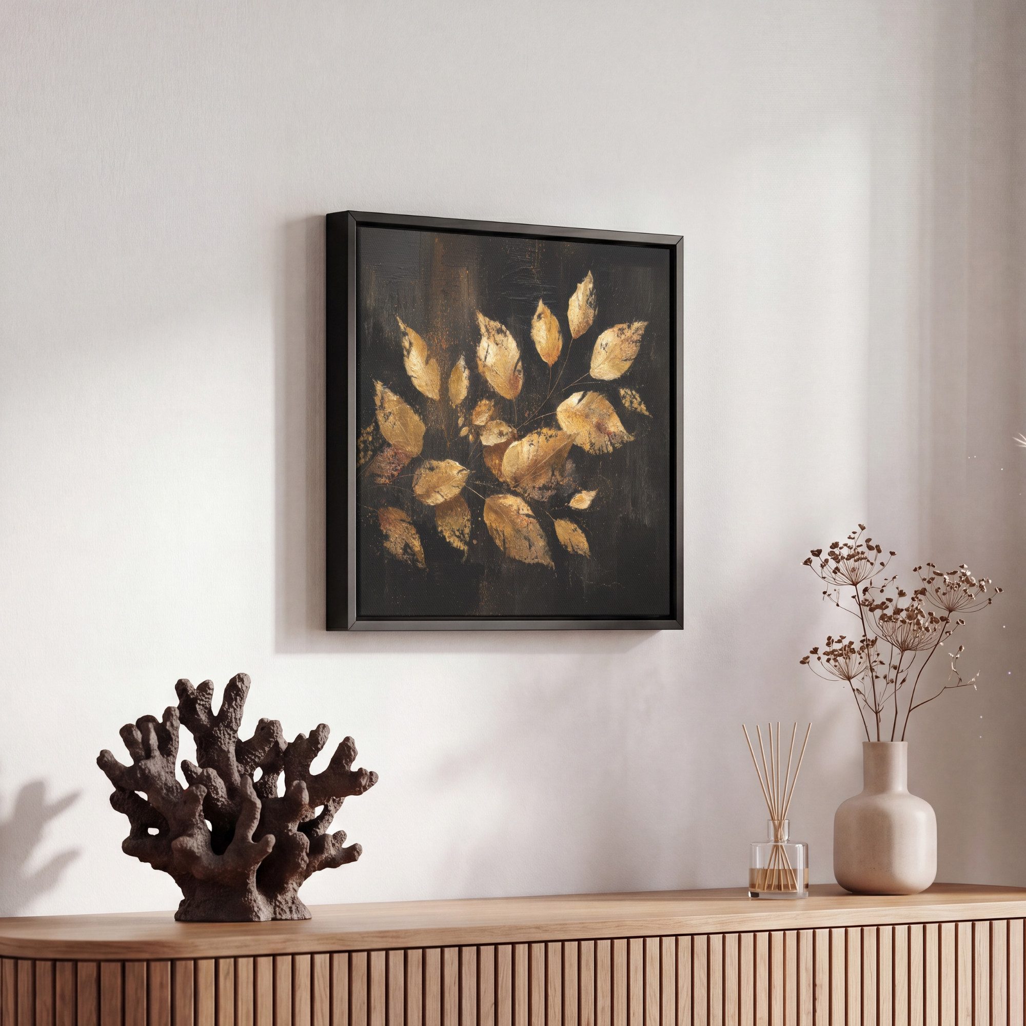 OneMillionCanvasses® Leinwandbild mit Rahmen - Goldene Blätter auf dunklem Hintergrund, Fotodruck (1 St), Leinwand Bilder Klein, Wand Dekoration Aesthetic 20x20 – Bild 5 von 5