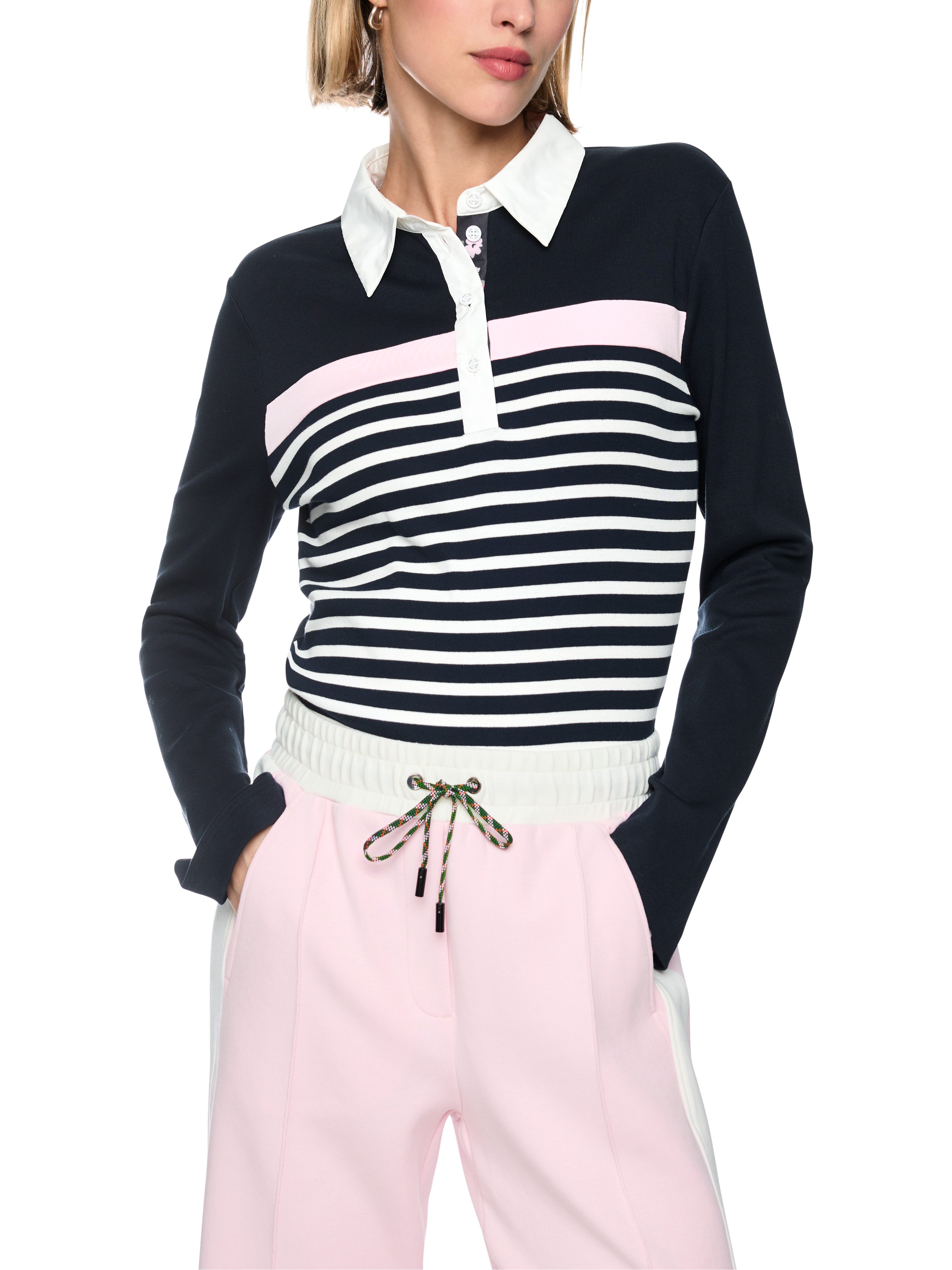 Marc Cain Langarm-Poloshirt Countryside Calling Premium Damenmode in Rippstruktur mit Streifen