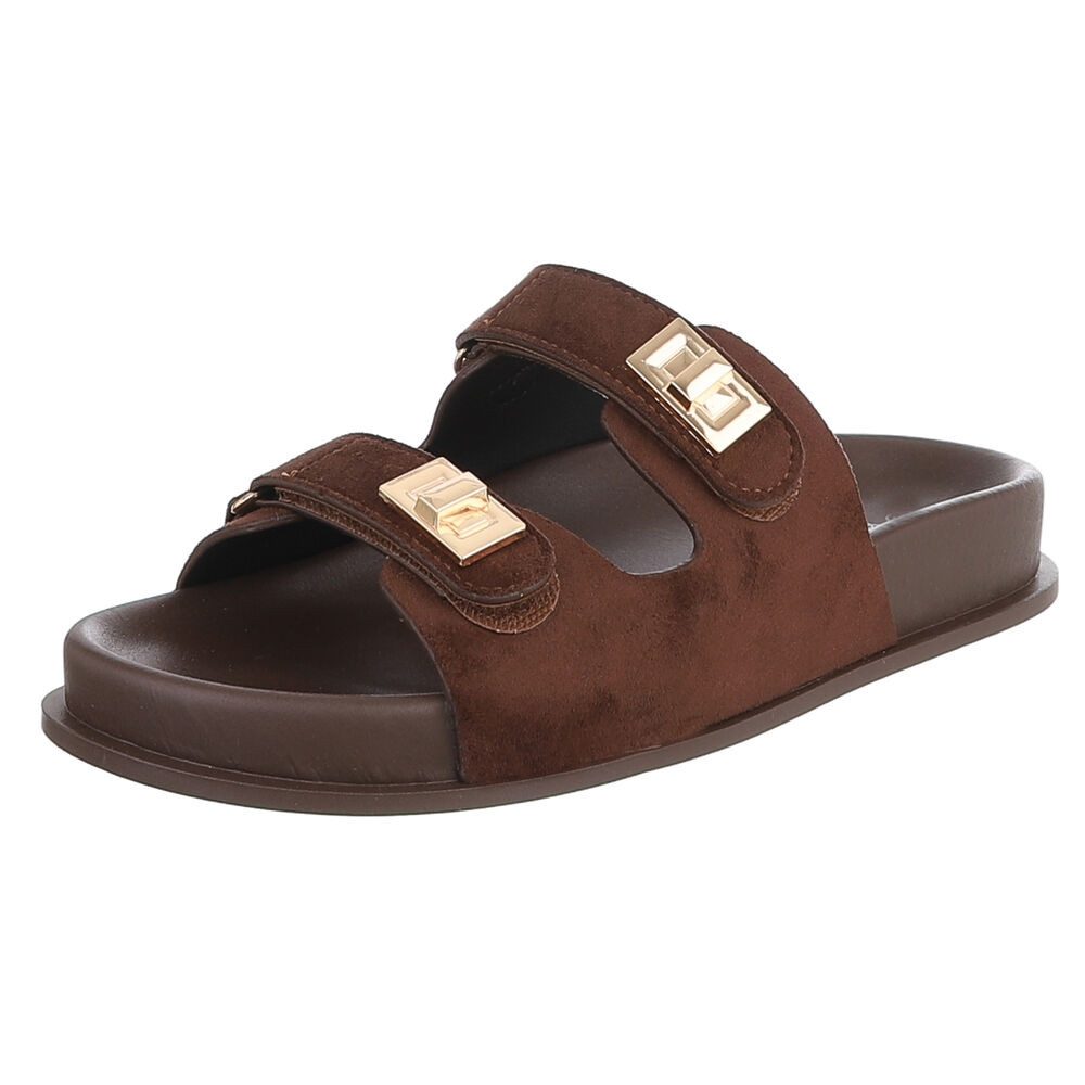 Ital-Design Damen Slipper mit Schnallen und Komfortsohle Pantolette (91742282) Flach Pantoletten in Braun