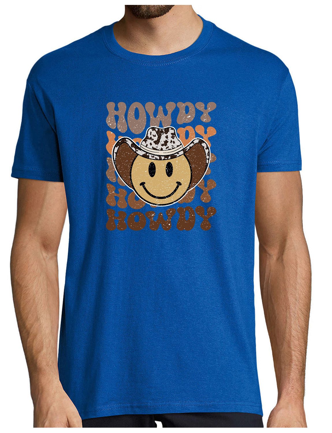 T-Shirt Herren Print Shirt - Lächelndes Cowboy Gesicht mit Hut Brustprint