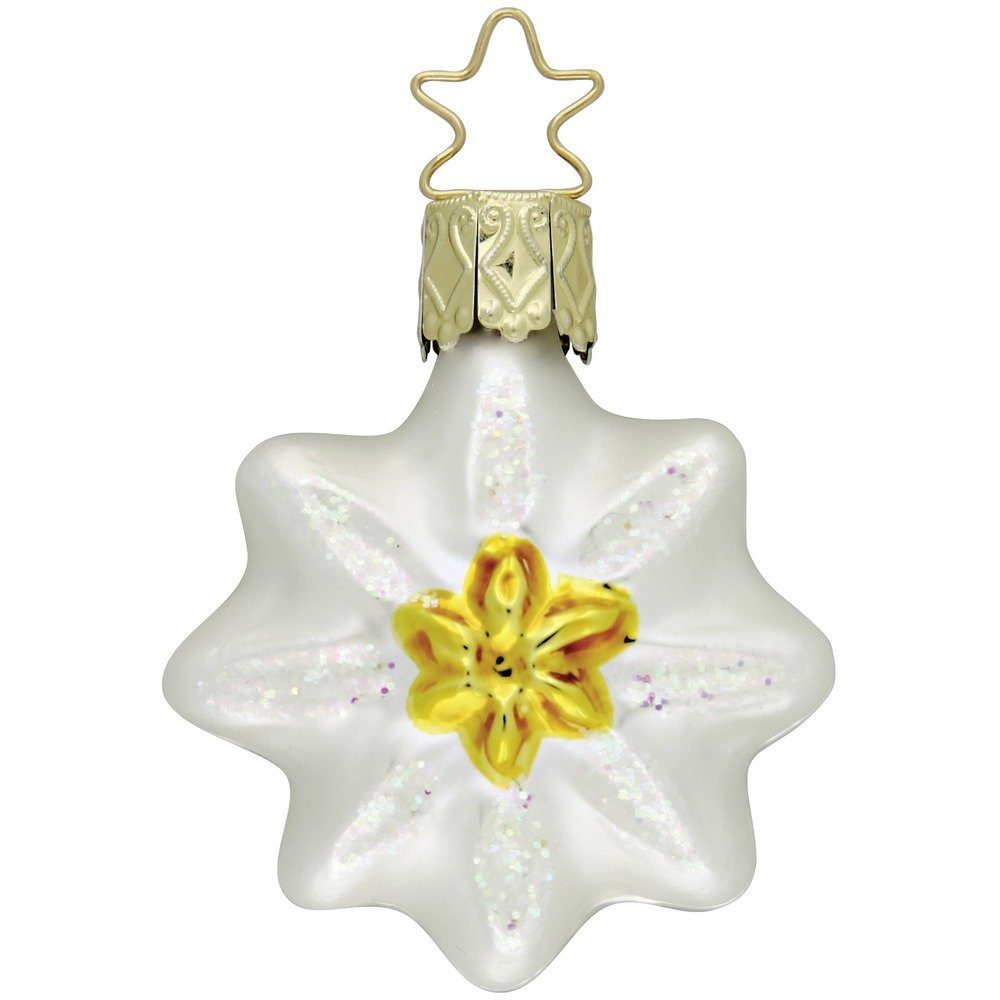 INGE-GLAS® Christbaumschmuck, Christbaumschmuck Anhänger Glas Blume Edelweiß 5,5cm Weiß Gelb