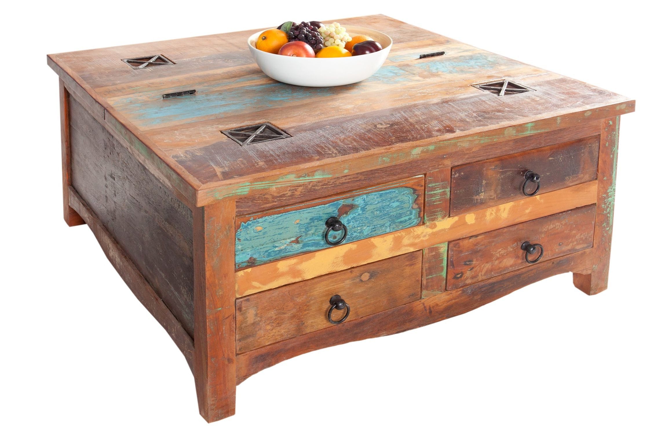 Licht-Erlebnisse Couchtisch BLANCA, mit Schublade aus recyceltem Holz Bunt Braun 70 x 70 x 45 cm (LxBxH)